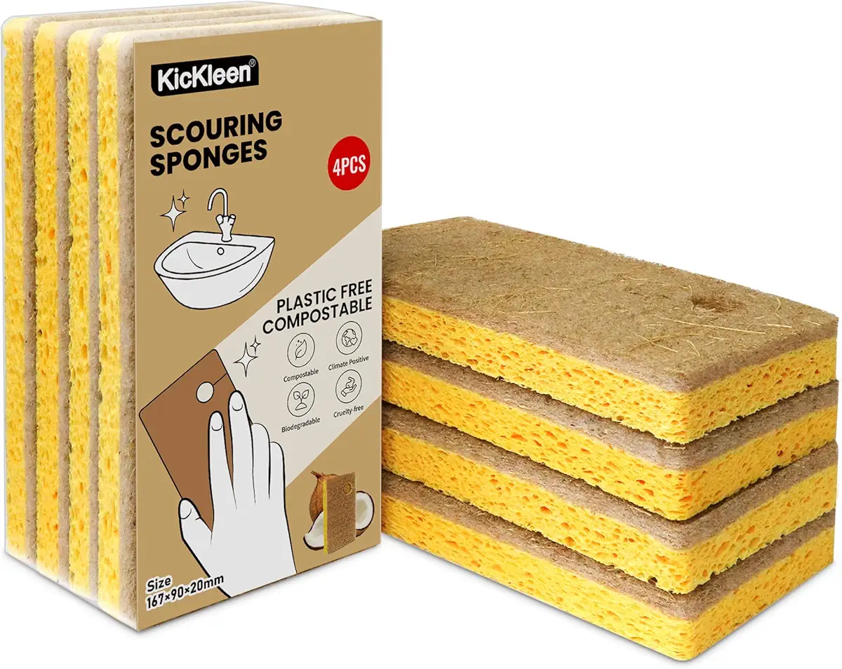 KICKLEEN Natural Sponge 4 Pack - Eco Friendly Kitchen Sponges for Sustainable Living | Biodegradable Plant Based Cleaning Dish Sponge,6.5&#34; x 3.5&#34; x 0.8&#34;