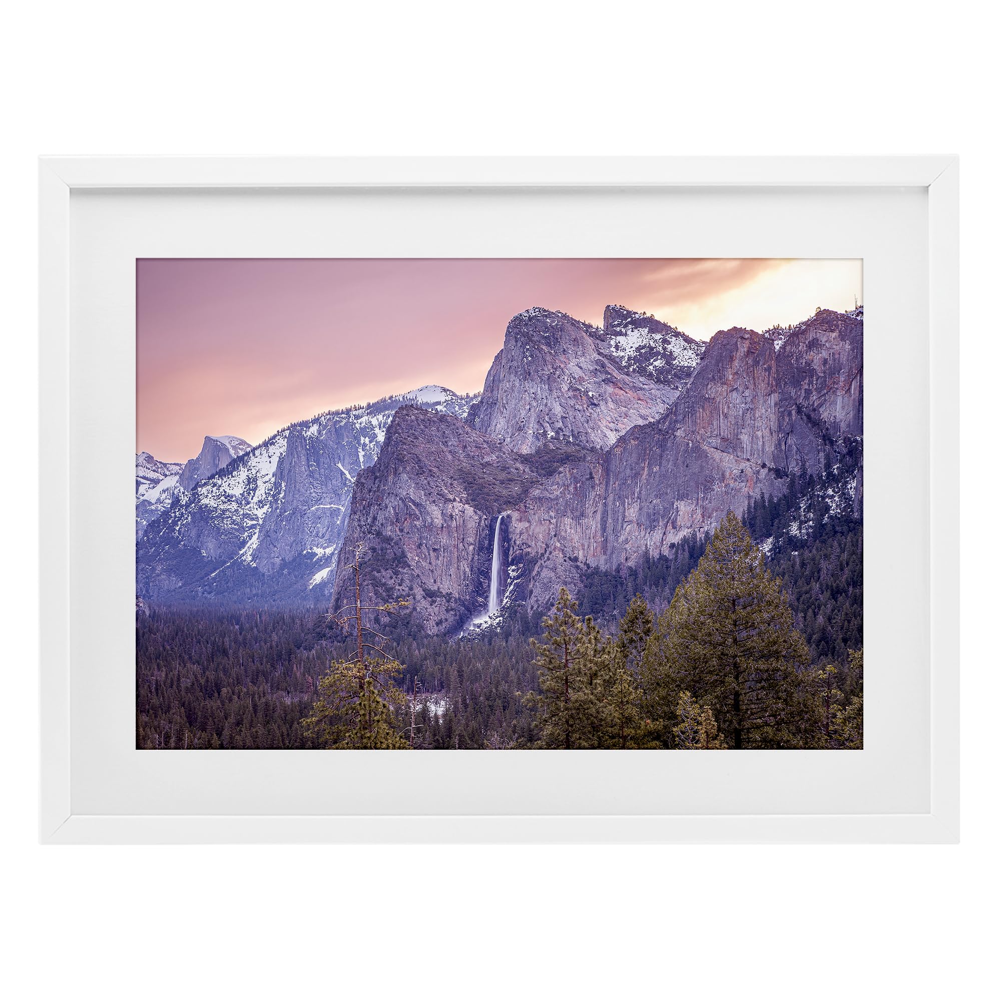 'Majestic Mountain Waterfall Sunset'| Framed Print Under Glass