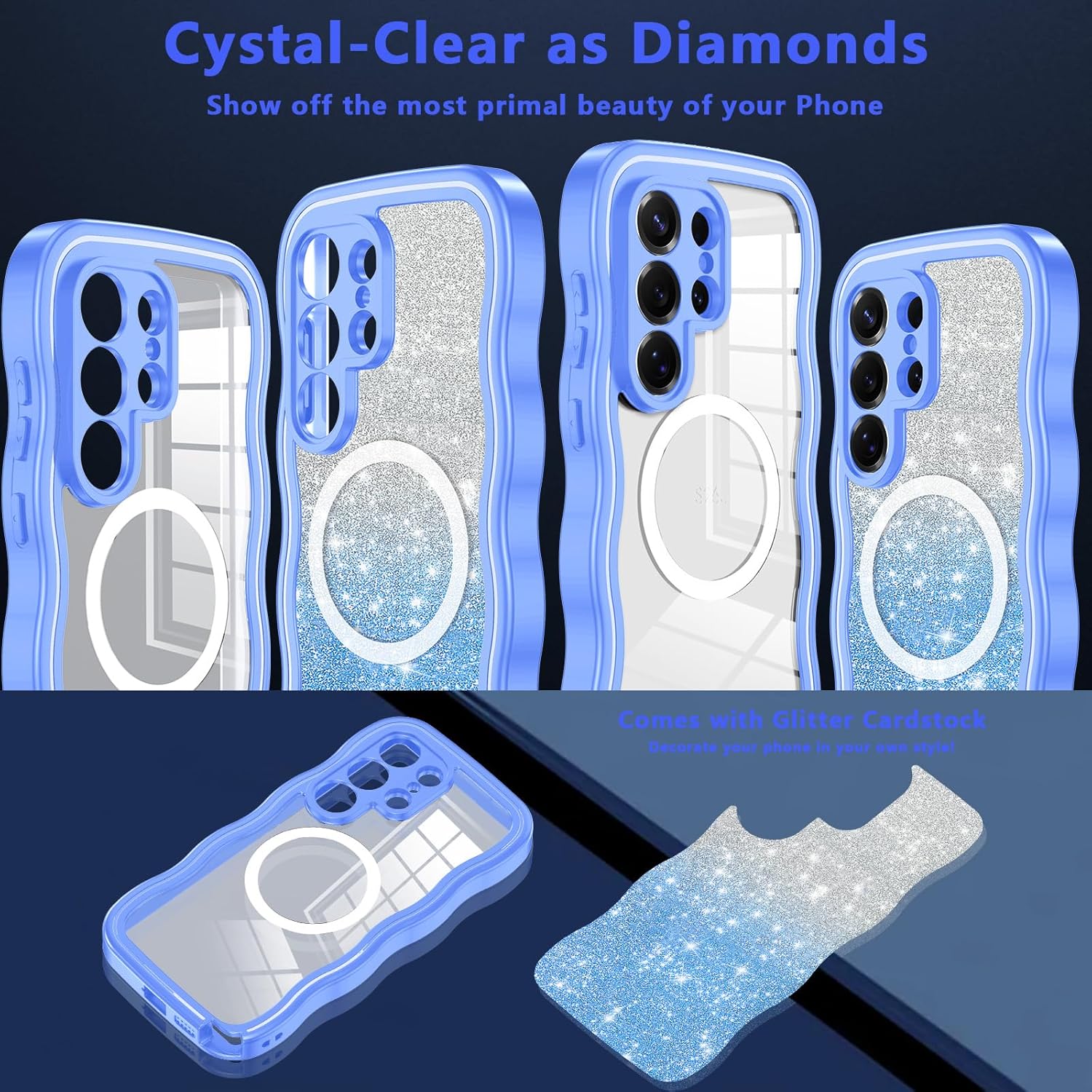 Hekodonk for Galaxy S26 Ultra Case Magnetic,[Cute Wave][Compatible with Magsafe][Built-in Tempered Glass Screen Protector] [Glitter Card] Full Body Bling Case for Samsung Galaxy S26 Ultra,Light Blue