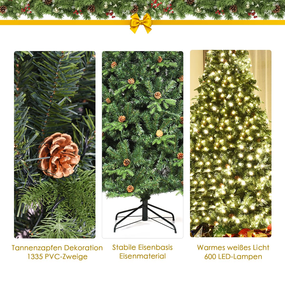 GOPLUS 210/225/240cm Künstlicher Weihnachtsbaum mit Beleuchtung, Tannenbaum künstlich mit Tannenzapfen, Christbaum für Zuhause, Büro, Wohnzimmer (240 cm)