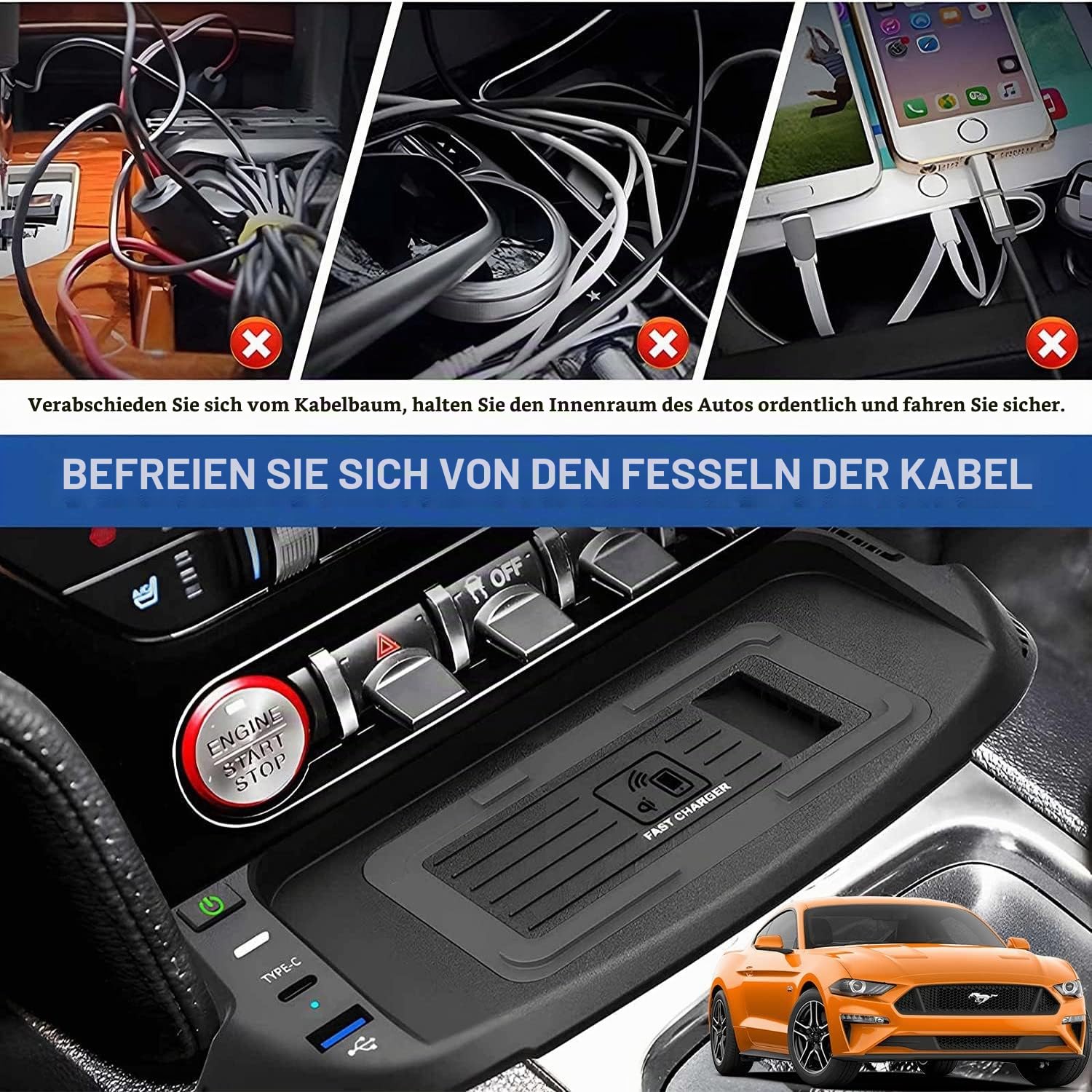 Kabelloses Ladegerät Auto für Ford Mustang Coupe Convertible GT Shelby 2015-2023, 15W Wireless Schnellladendes Handy-Ladegerät mit QC3.0-USB-Anschluss für iPhone 12/13/13Pro Samsung S22/S21
