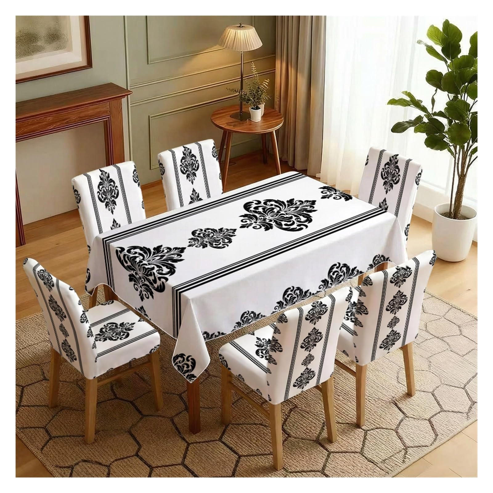 BOSUYBN Stretch Dining Chair Slipcover & Tablecloth Set, Black White Damask Print, 5/7 Pack, Dining Kitchen Classic Home Decor Table Setting(7pcs Set: Tablecloth+Chair Covers)