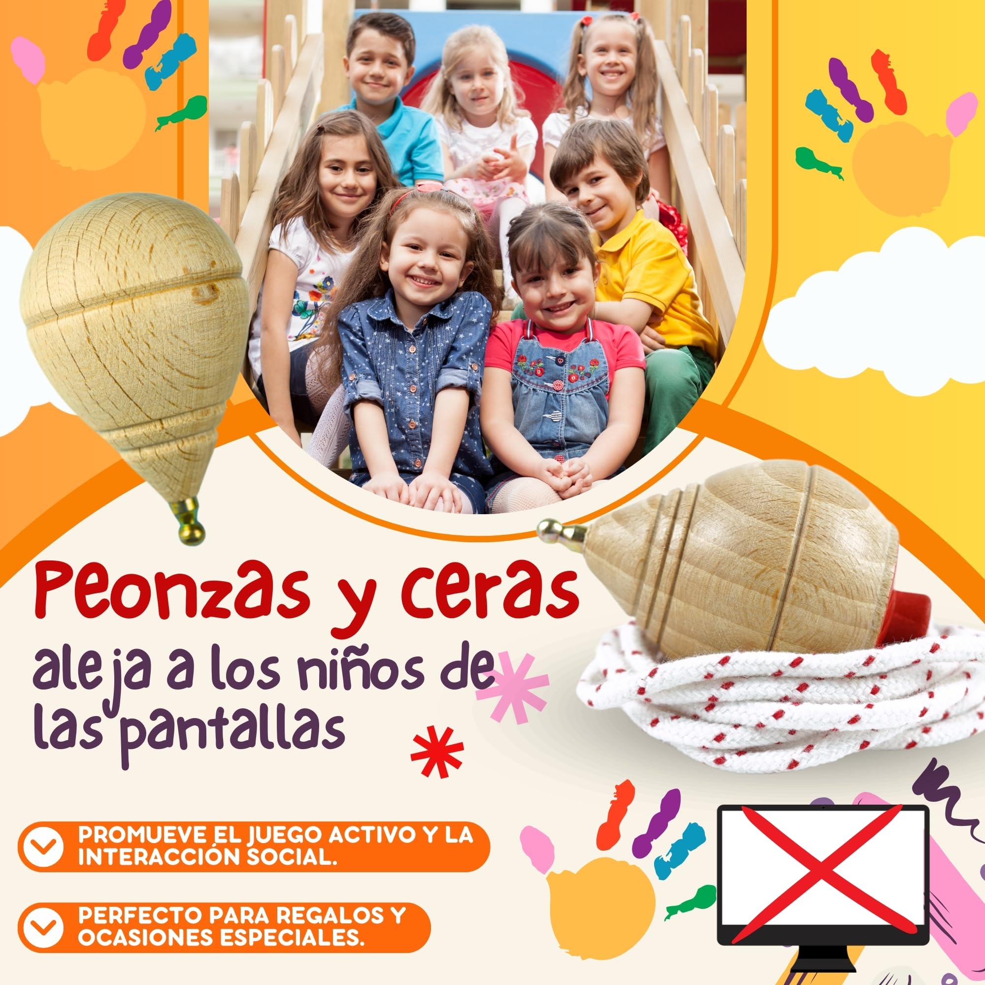 AF® - Peonza Madera, Set 2 Peonzas Niños + 6 Ceras de Colores para Niños + 2 bolsas transporte y 2 arandelas para la cuerda | Personaliza tu Trompo de Madera Tradicional — view 4