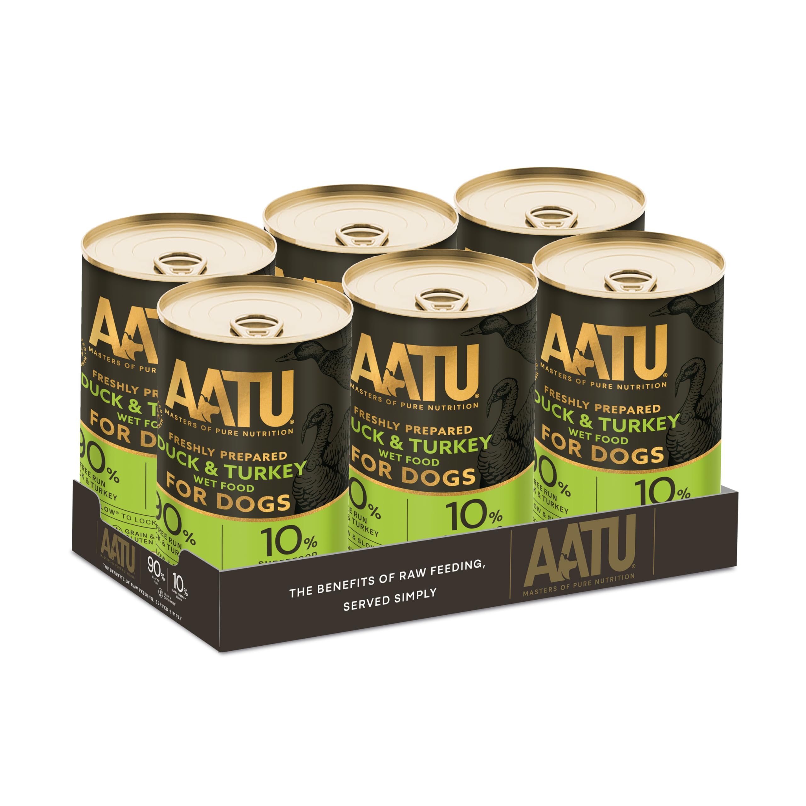AATU 90/10 Wet Dog Food in a Tin - Duck & Turkey (6x400g) - Grain Free Recipe - No Artificial Ingredients - Good for Low Maintenance Feeding. (Packaging may vary).