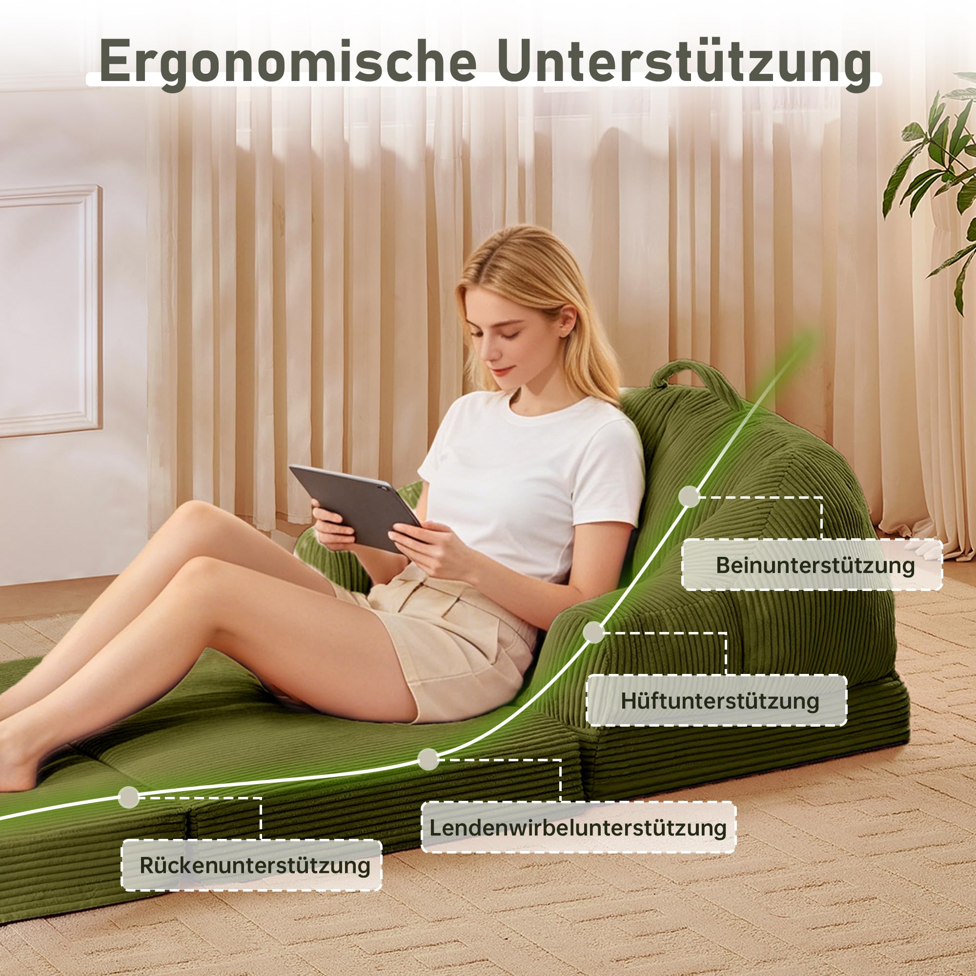 3-in-1 Klappsofa, Schlafsofa aus Cord und Schaumstoff, Schlafsessel mit Bettfunktion, Umwandelbares Bodensofa mit Griff, sitzsack zum Entspannen Schlafen im Schlafzimmer-und Wohnzimmer,Grün
