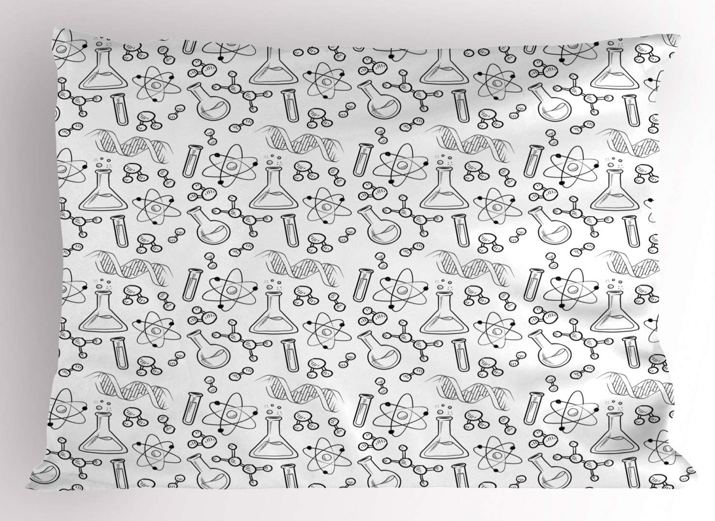 ABAKUHAUS Lab Pillow Sham, Doodle Drawing Style Science Laboratory Elements Atom Molecules Test Tubes Pattern, Decorative Standard Size Printed Pillowcase, 26" X 20", Black and White