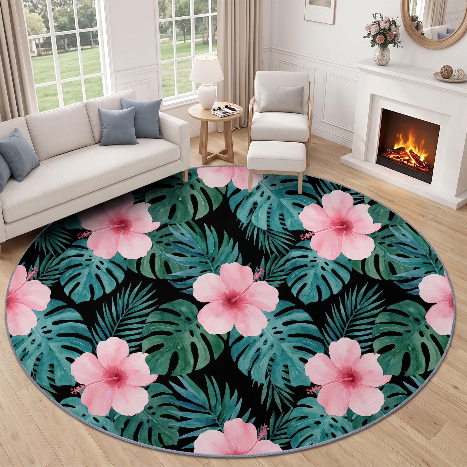 Générique Tapis Rond Vert Foncé 120 cm Antidérapant, Hibiscus Floral Tropical Feuille Tapis de Salon Rond à Poils Courts Lavable en Machine, pour Chambre Cuisine et Chambre d'enfant