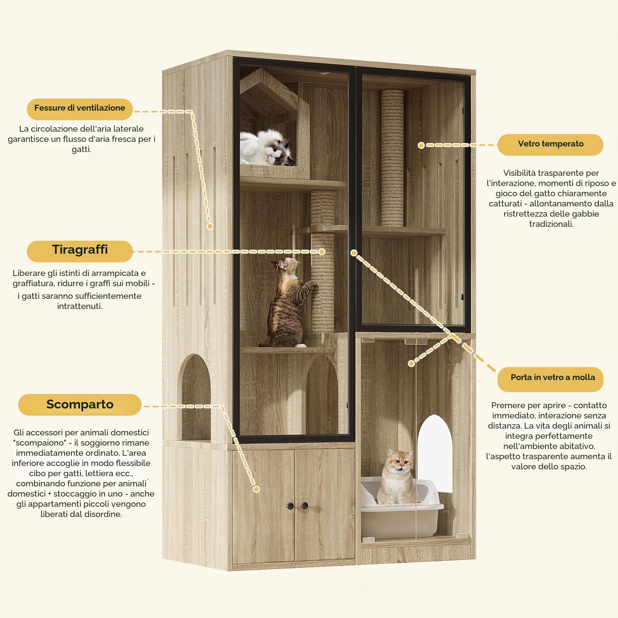 Grande gabbia per gatti 90x50x160 cm, villa per gatti a 4 piani con facciata in vetro, casa per gatti e casetta per piccoli animali resistente all'inverno, inclusa colonna per graffiare – per interni