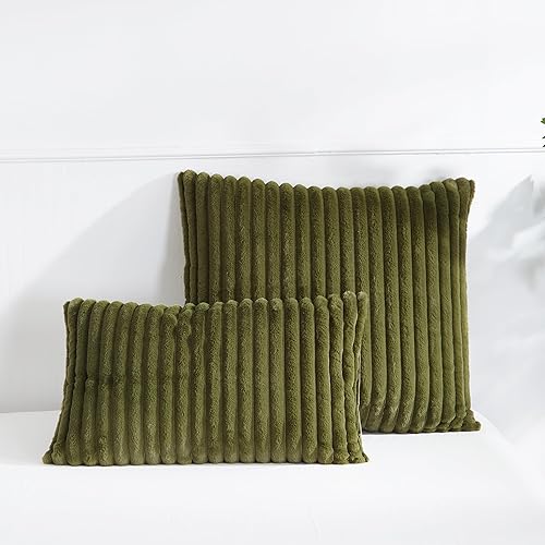 Miniatura 7 de Bildenly Juego de funda de edredón mullida, tamaño King, ultra suave, de piel sintética, color verde, cálido, a rayas, verticales, juego de cama de