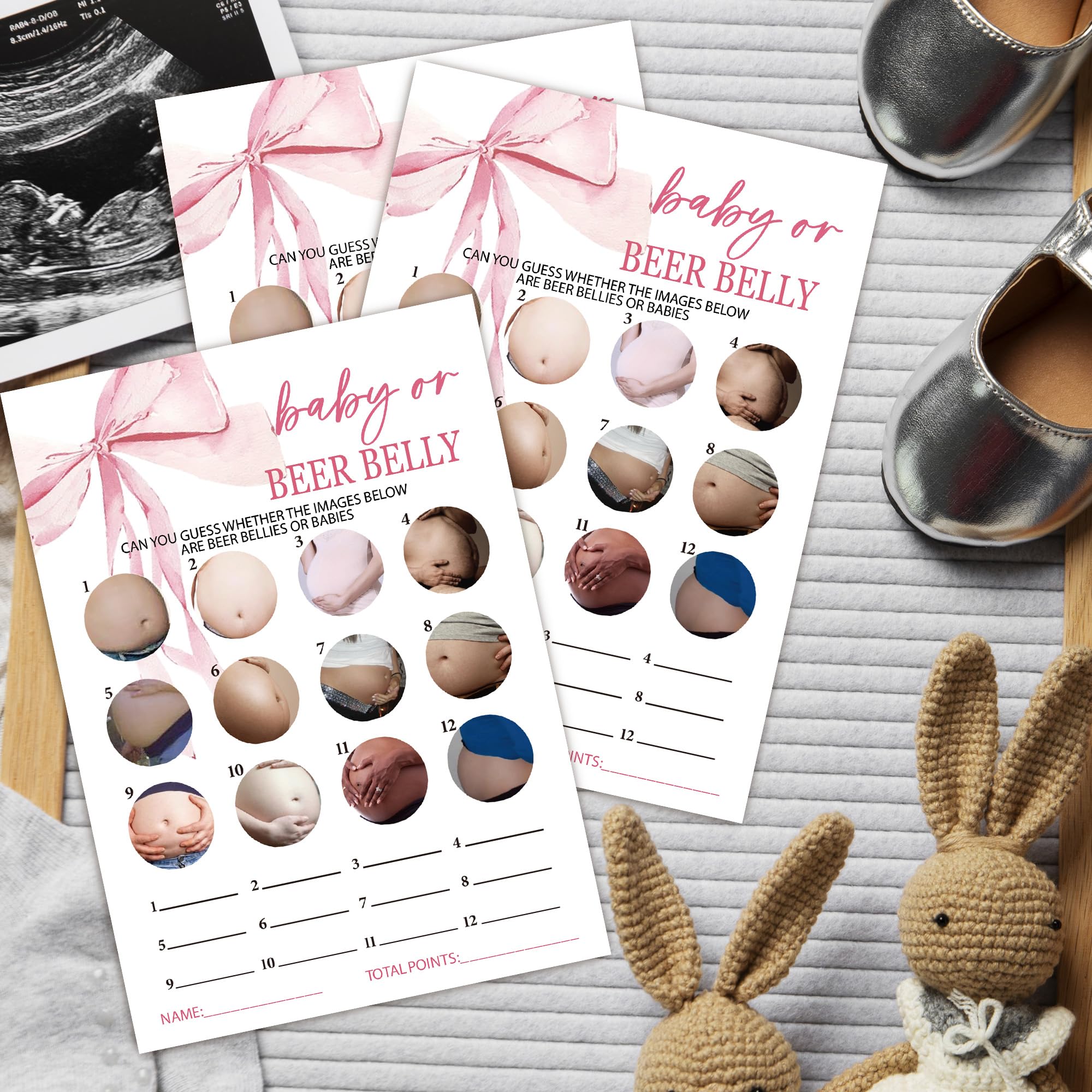 Karty do gier dla niemowląt lub piwa, baby shower, 25 neutralnych płci kart z 1 kartą odpowiedzi, różowy łuk, ujawnienie płci, zestaw akcesoriów imprezowych, dekoracje na baby shower (13 x 18