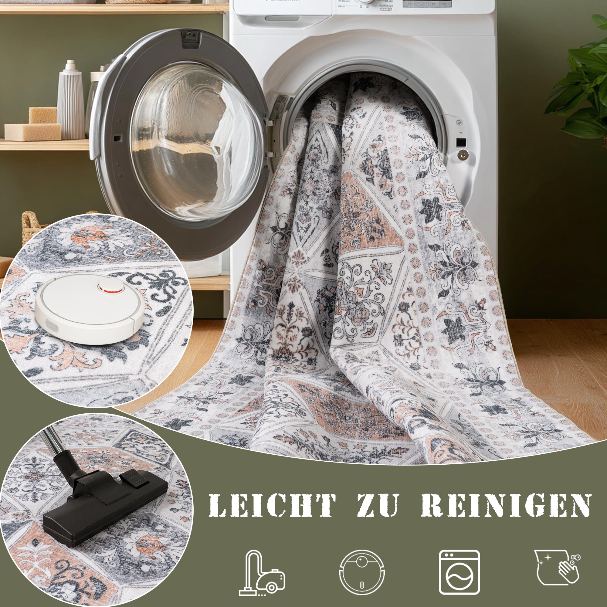 Beige Großer Vintage Kurzflor Teppich Wohnzimmer, 200x300 cm | Boho Waschbarer Teppich, Rutschfester Schlafzimmer Teppiche, Geometrisch Rauten Muster Carpet für Esszimmer Büro Küche