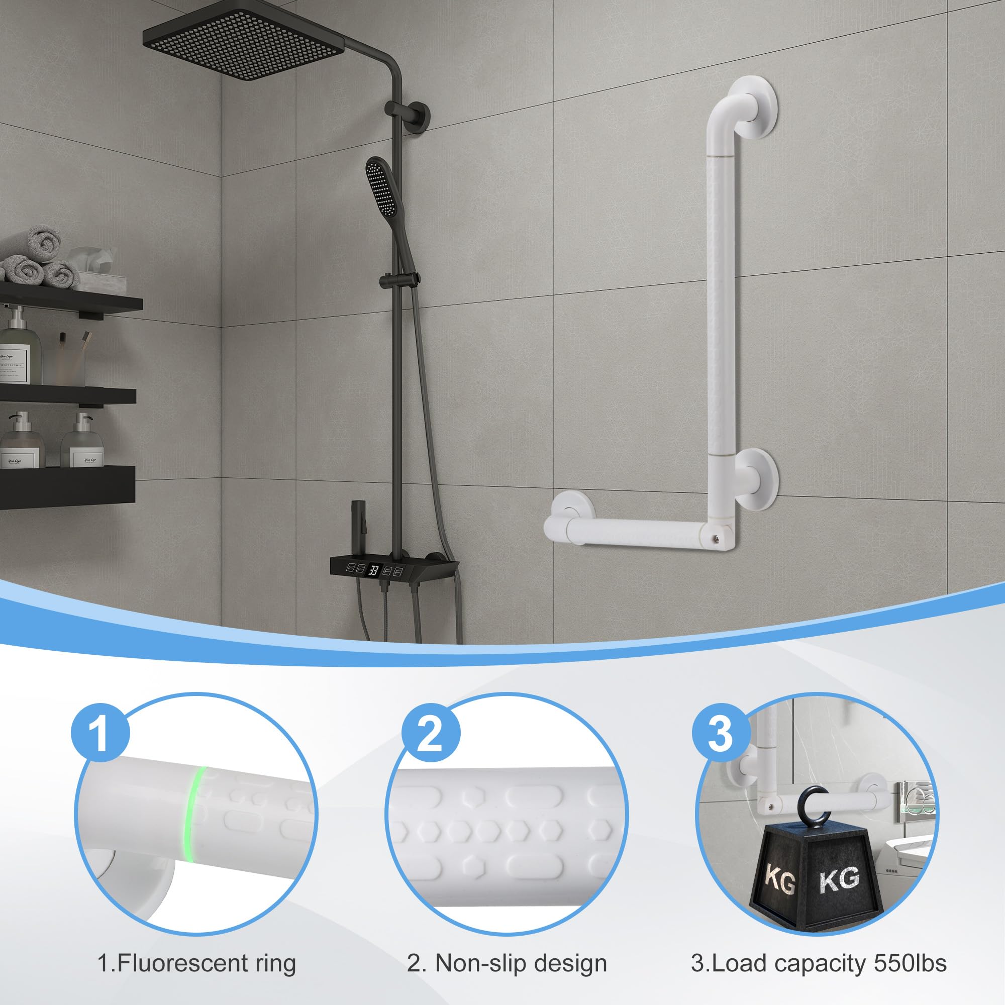 Maniglione Angolato Regolabile 0-180° 60x40cm, Corrimano Sicurezza Bagno in Acciaio Inox con Impugnatura Antiscivolo e Anelli Luminosi per Anziani, Disabili, Doccia/Vasca