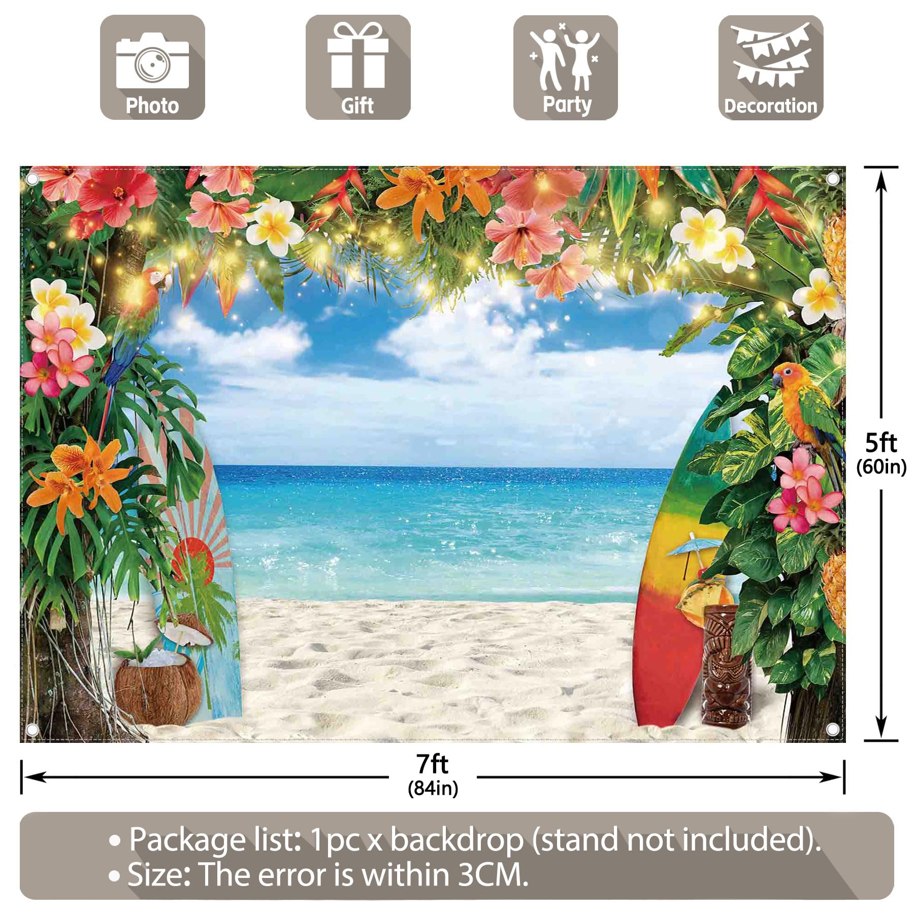 Luminora Tkanina na lato, hawajska plaża, tropikalny kwiat, deska surfingowa, ocean, liście palmy, tło, Luau Aloha, dekoracje imprezowe, baner fotograficzny, rekwizyty, 2,1 x 1,5 m