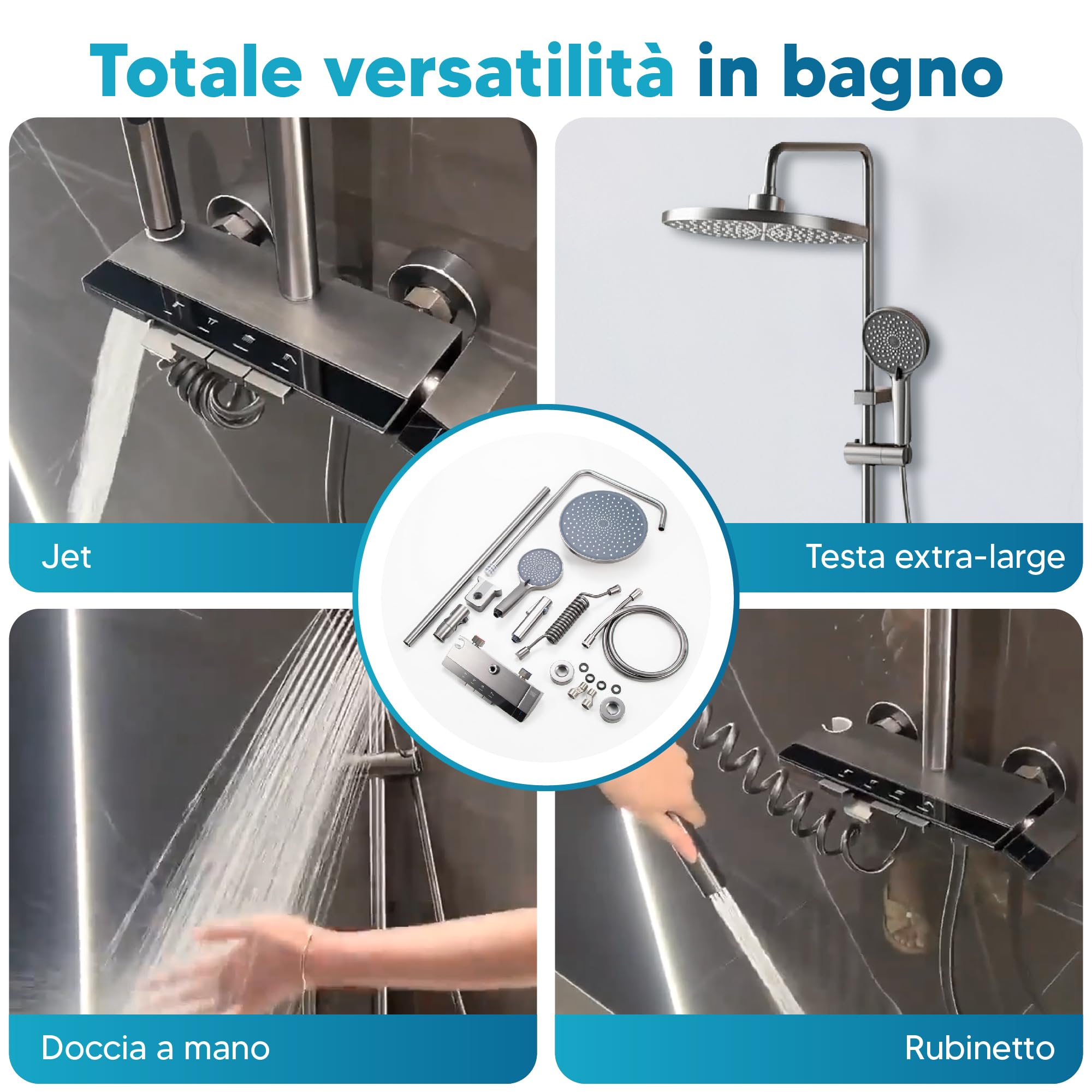 INEX EUROPA Colonna doccia nero grigio titanio con testa rotonda - colonna doccia 4 modalità e altezza regolabile - testa, getto, rubinetto e soffione doccia - 10 anni di garanzia