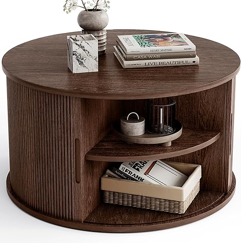 Miniatura 24 de LINSY HOME Mesa auxiliar redonda, mesa de centro de tambor de 31.5 pulgadas con puerta corrediza de tambor, mesa central acanalada con Roble,Oval