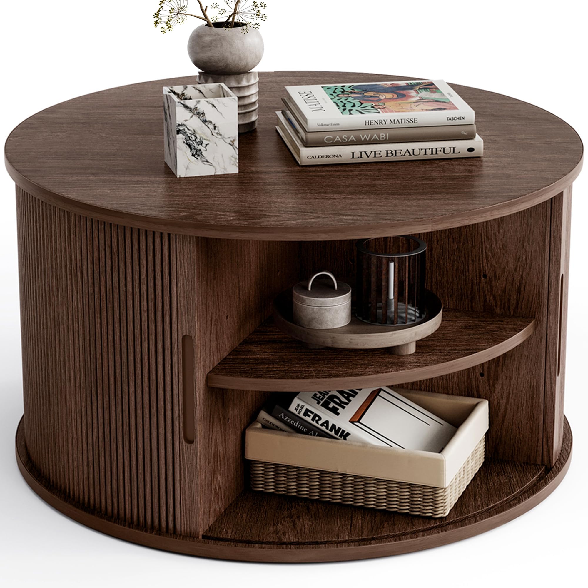 LINSY HOME walnut drum coffee table with sliding tambour door and fluted design