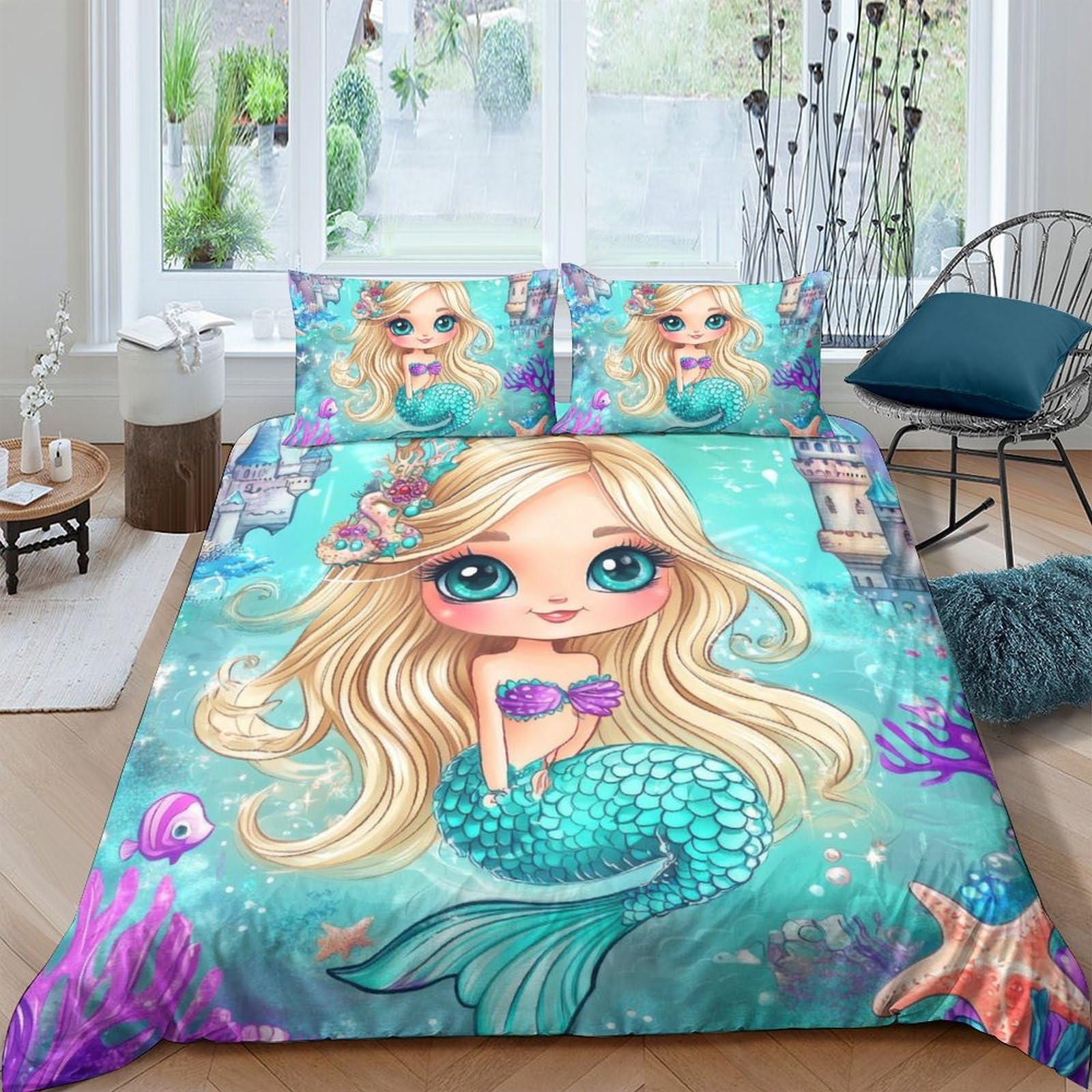 Ctjqhvkz Style-7 3D Printed Mermaid Fitted Sheet Microfiber Soft Breathable Underwater Fantasy Bed Cover For Bedroom Dorm Decor Single（135X200cm）
