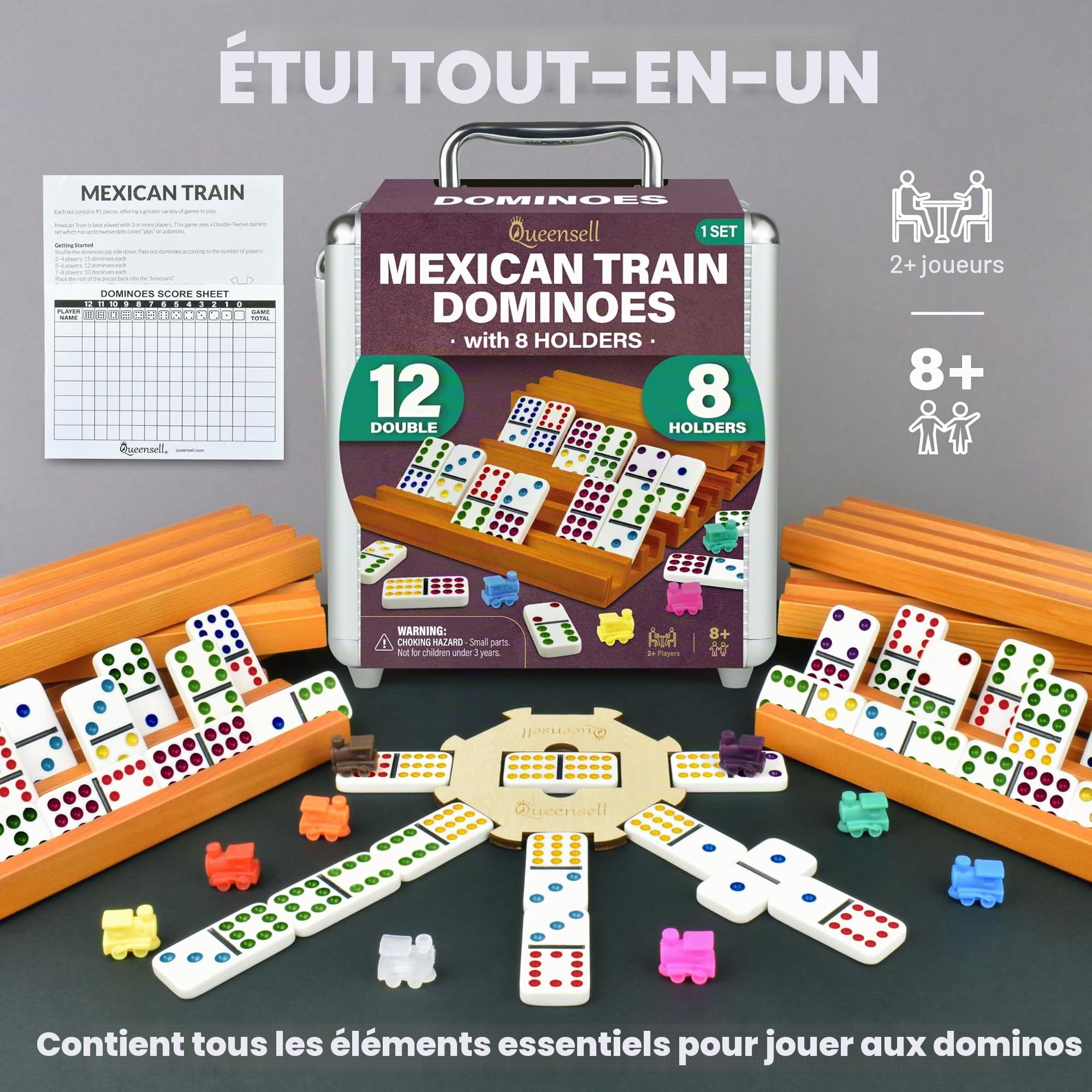 Queensell Ensemble de dominos mexicains avec 8 supports – Hub en bois et supports de carreaux – Double 12 carreaux avec pois (D12 + 8 supports)