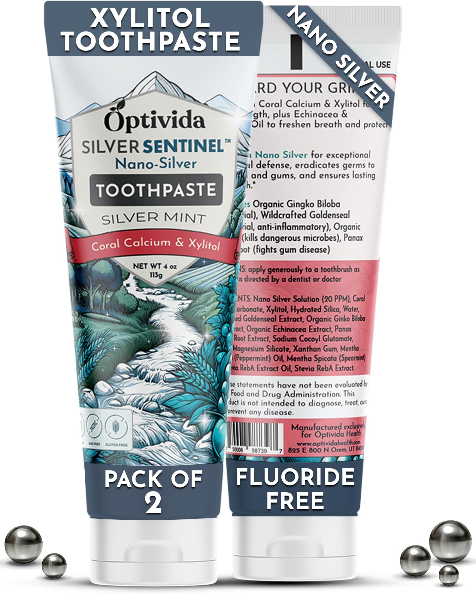 Optivida (2 Pack) Fluoride Free Colloidal Silver Infused Xylitol Toothpaste for Adults & Kids. Anti-Cavity*, Anti-Plaque* Coral Toothpaste with Spearmint Oil for Gum Health & Teeth whitening - 4oz