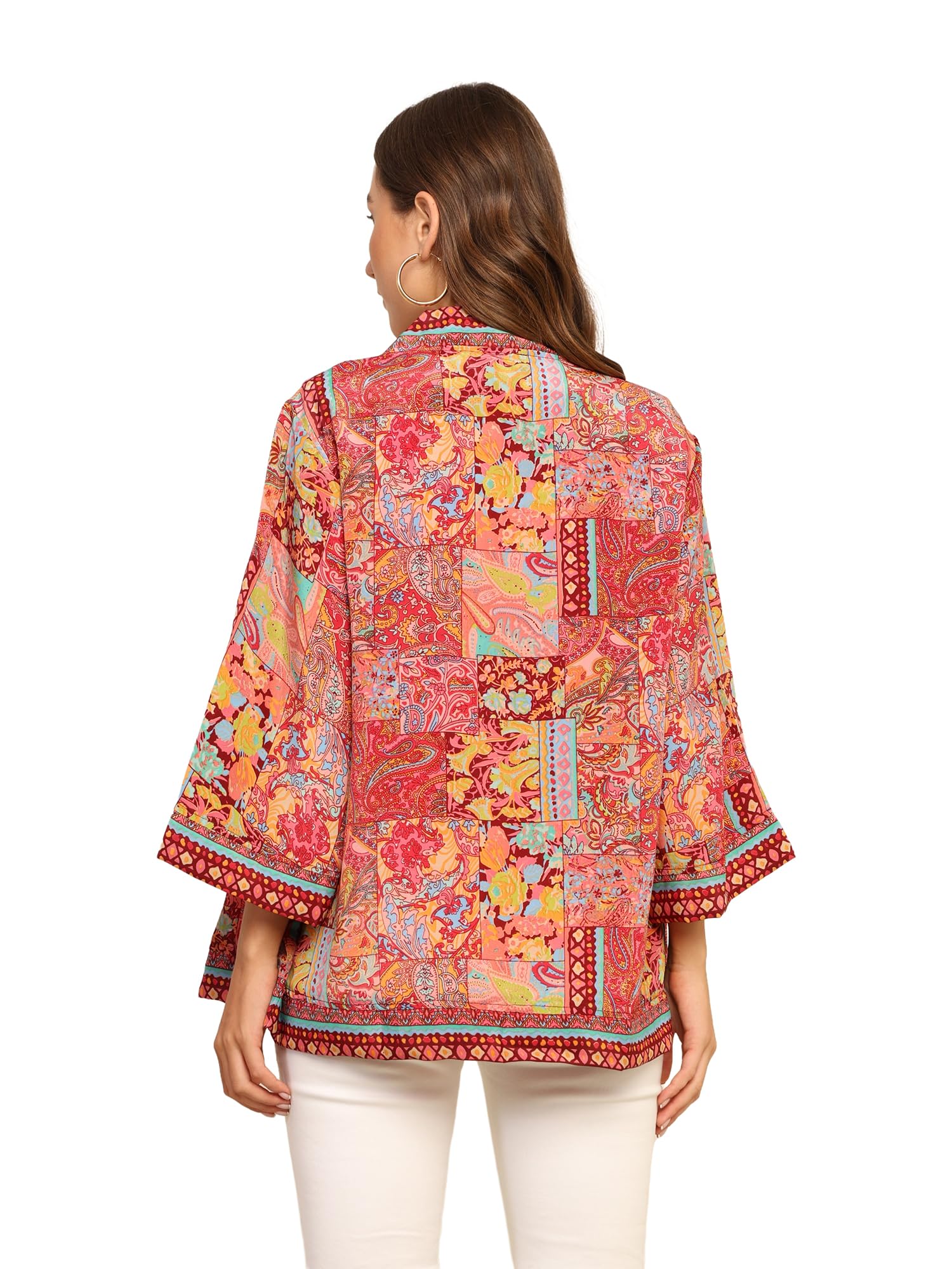 KE KANHA EXPORTS Women's Boho Border Print Shrug|Stylish Kimono Jacket Cover Up|Soft Silky-Feel Premium Fabric|Blue Multicolor|Easily Fits S-M-L|Bust 30-42 in|Length 28 in|Pack of 1 (1147) 3