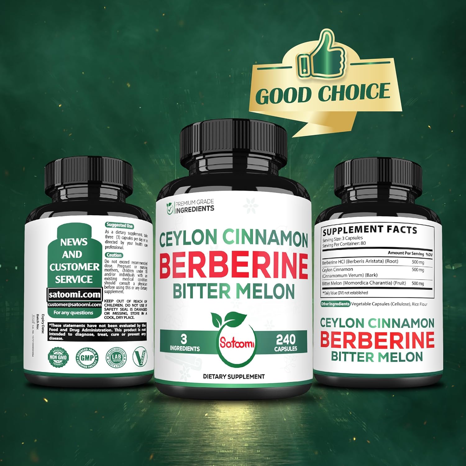 Satoomi Berberine 1500mg Supplement with Organic Ceylon Cinnamon Bark & Bitter Melon - 240 Vegan Capsules for 80 Servings - Immune System, Heart Health, Body Management & Digestion Support