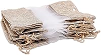 Vista 6 de 12 paquetes de grandes bolsas de regalo de arpillera de lino y organza con cordones (16.5x21.5 cm, beige/plata de lunares) - Favores de fiesta