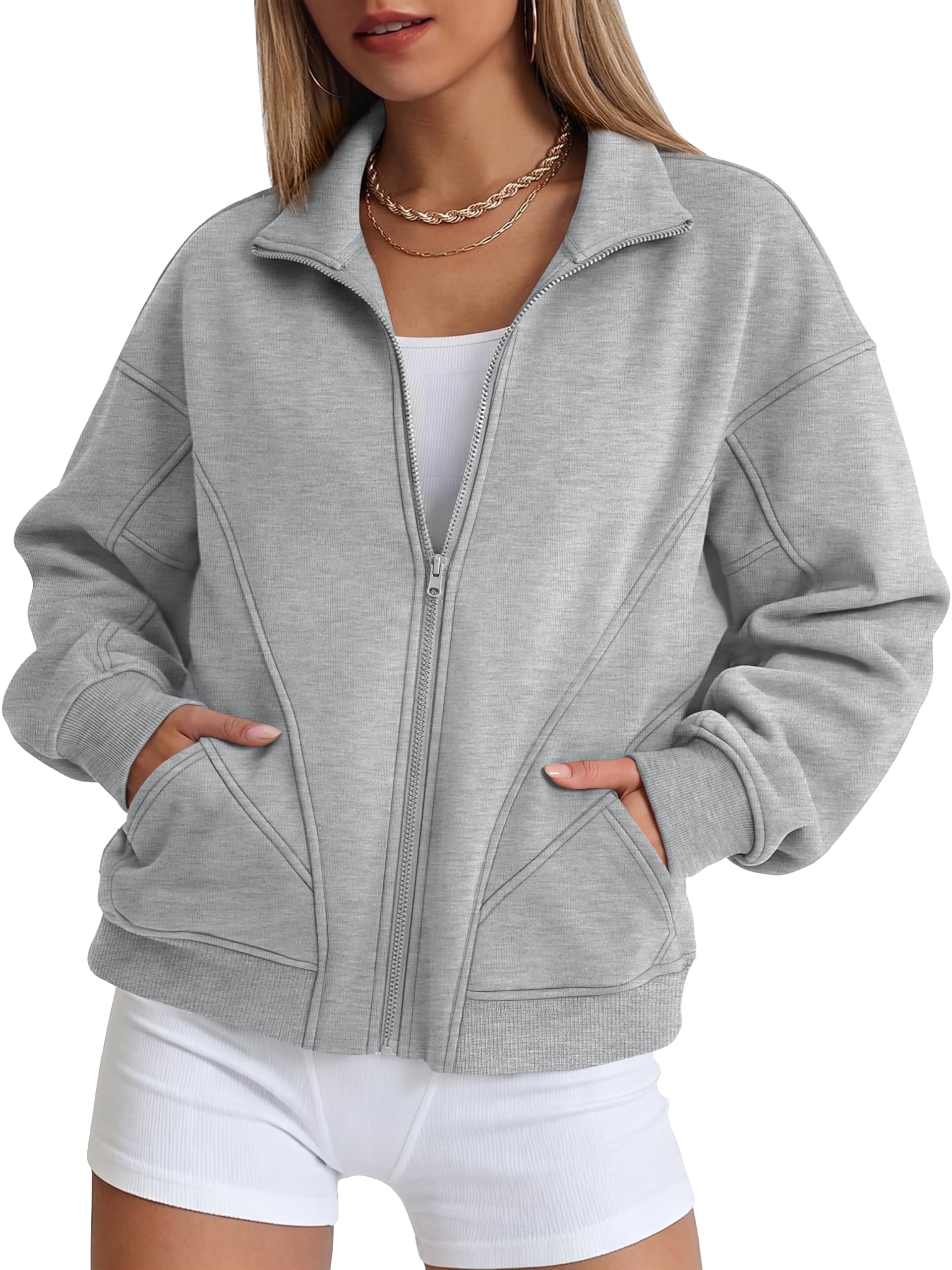 Rexley Women's Zip Up Sweatshirts Oversized Fleece Collar Jacket Grey L