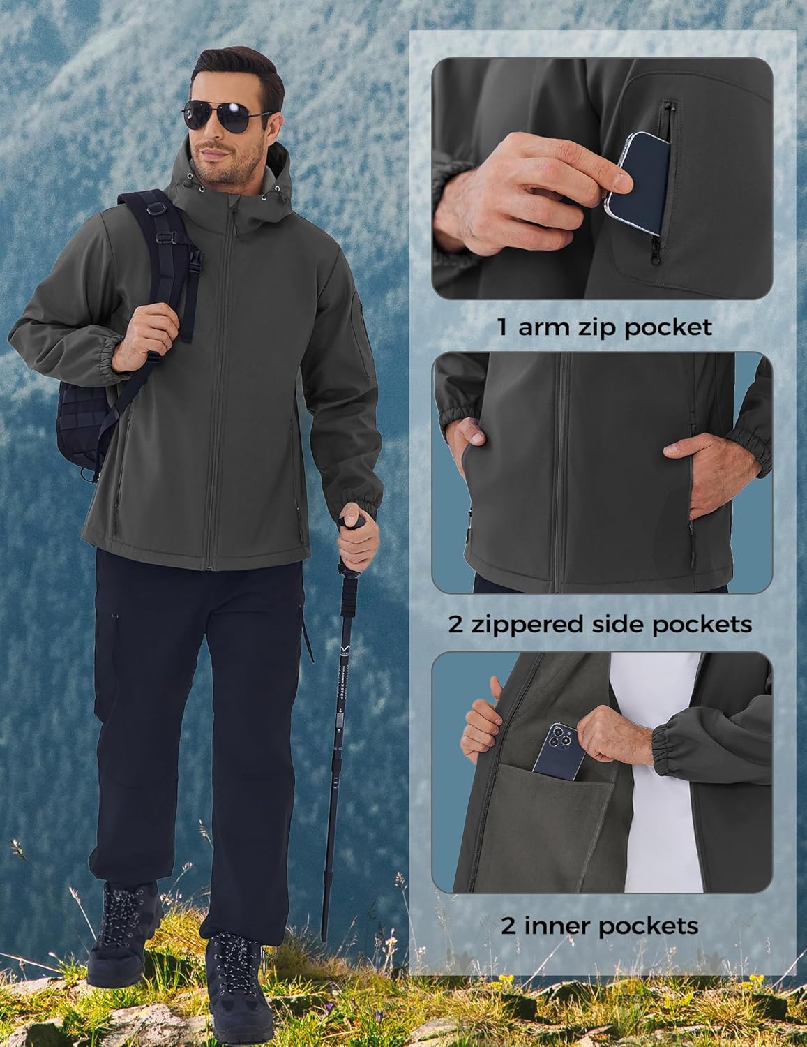COOFANDY Men's Hooded Softshell Jacket Waterproof Fleece Lined Windbreaker Lightweight Outdoor Hiking Jacket - Image 6