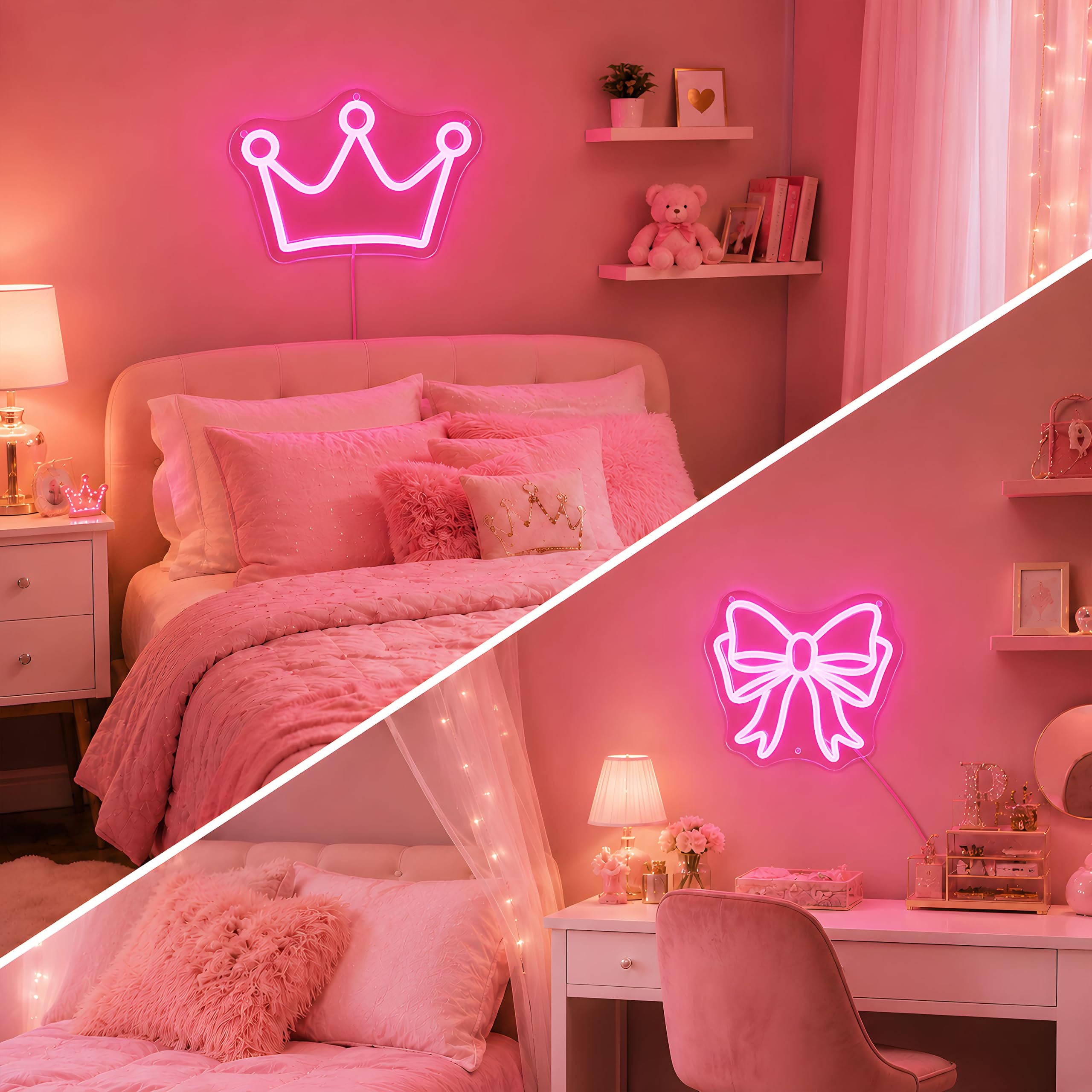 Confezione da 2 insegne al neon a forma di fiocco e corona, luce LED rosa per decorazione della camera da letto, alimentata tramite USB, dimmerabile, luce al neon per sala di bellezza, dormitorio