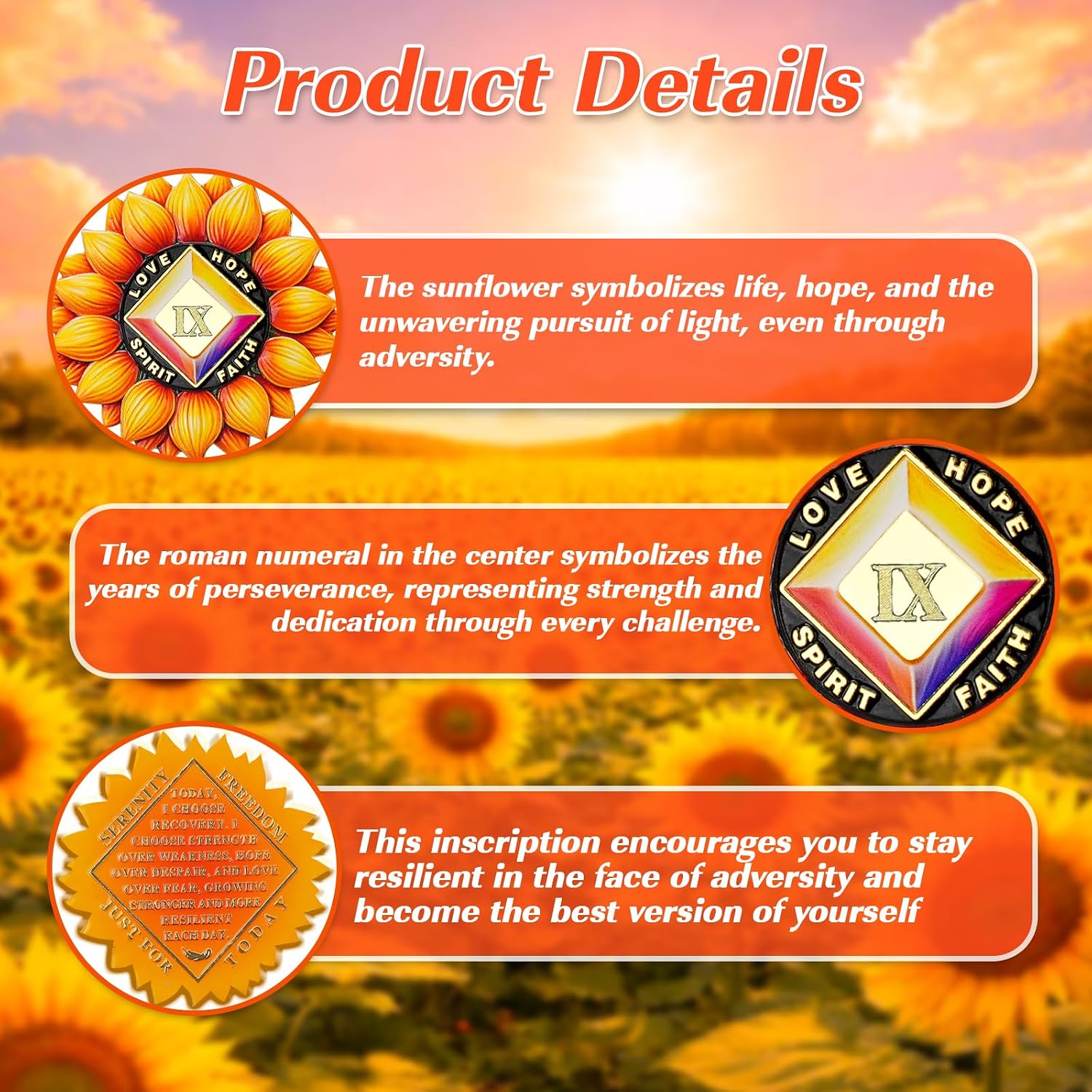 Sunflower Rebirth 9 Year Sobriety Coin, Motivational NA Medallion for Strength, Hope, Faith, and Personal Growth, Perfect Recovery Token Sobriety Gift for Men and Women