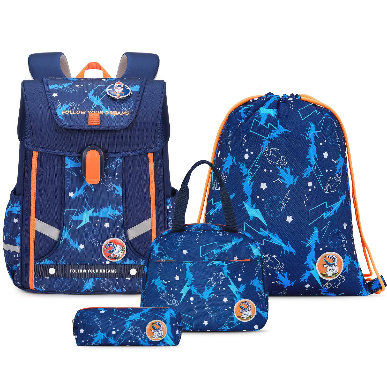 Amythe Set di Zaini 4 Pezzi | Zaino Ergonomico con Cintura Rimuovibile e Strisce Riflettenti, Zaino per Ragazzi 1-5° Anno Primaria, Tema Spazio