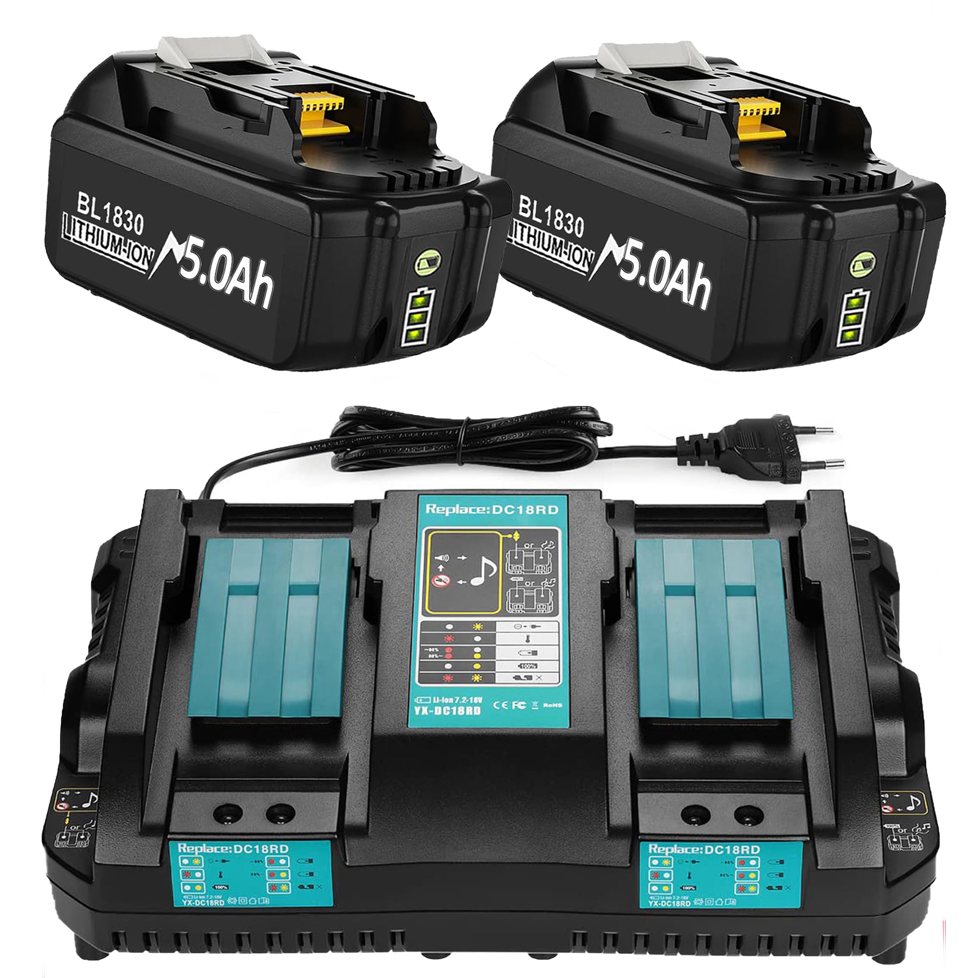 Lot de 2 batteries de rechange 18 V 5,0 Ah pour Makita + chargeur 6 A DC18RD pour Makita 14,4 V-18 V BL1830 BL1850 BL1860 BL1840 BL1830B etc. Batterie d'outils et chargeur DC18RD DC18RC DC18SF DC18RA