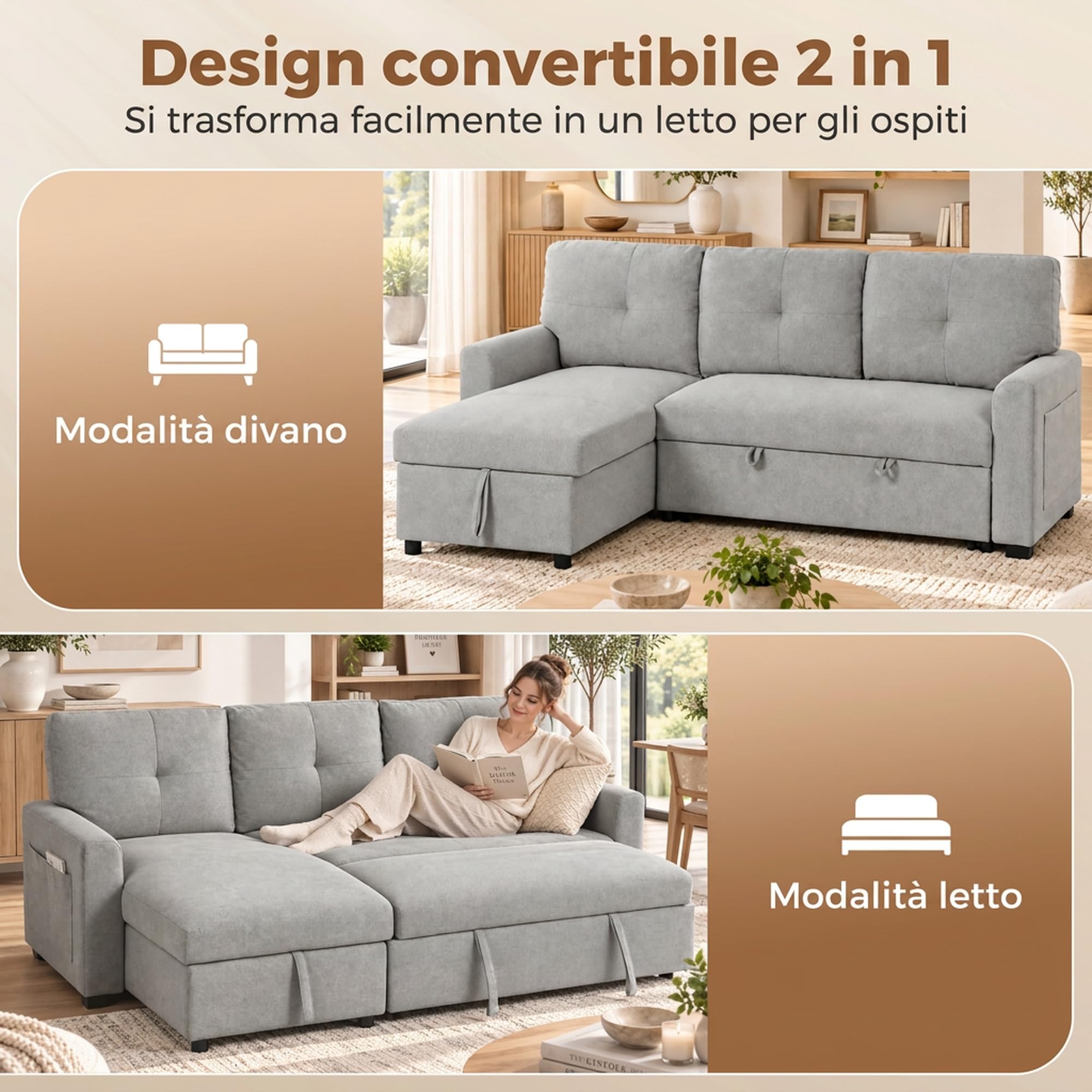 HOMCOM Divano Letto 3 Posti Estraibile con Chaise Longue Convertibile