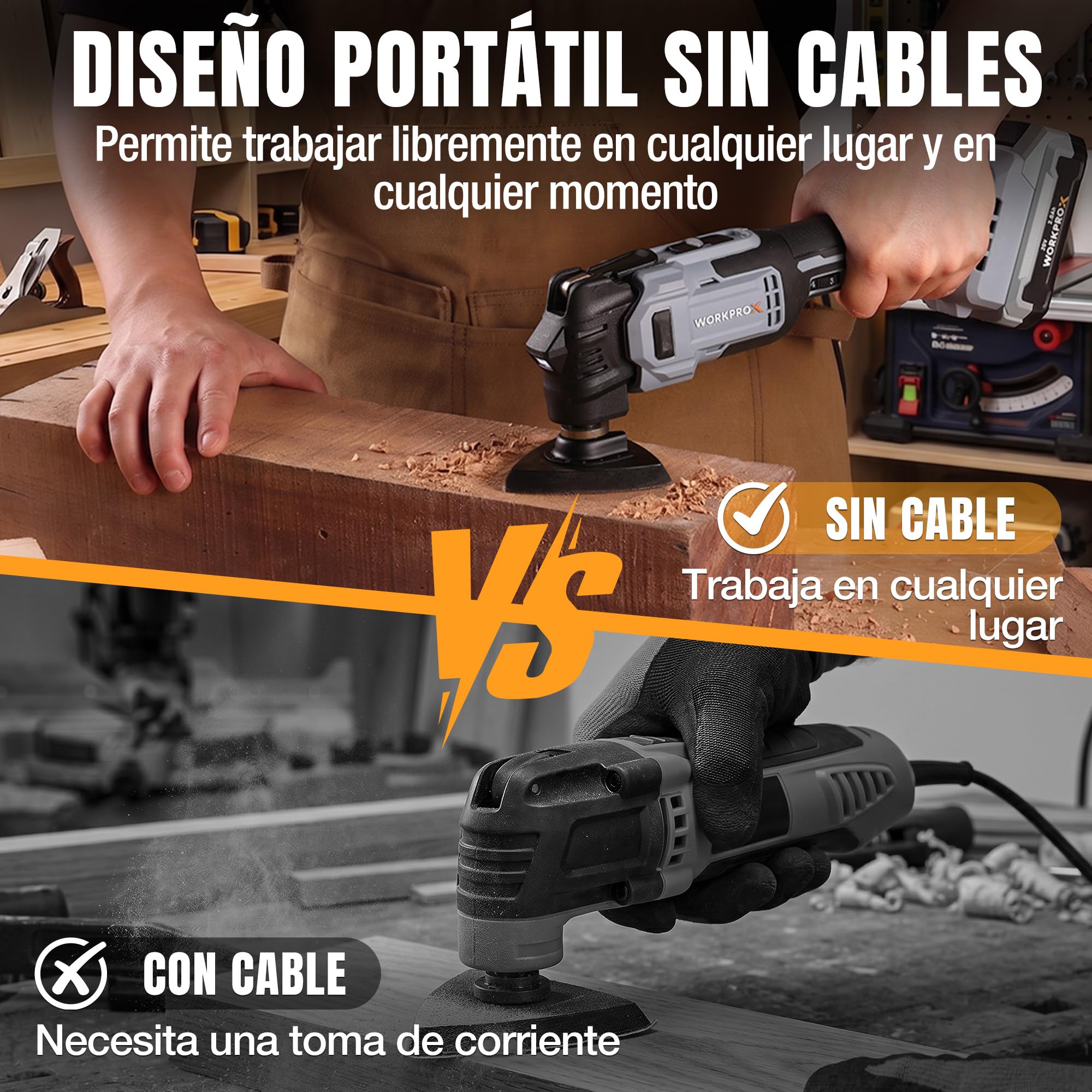 WORKPROX Multiherramienta Oscilante a Batería 20V con Motor Sin Escobillas | 6 Velocidades, Oscilación de 3,6°, Batería Incluida, 22 Accesorios y Bolsa, para Cortar, Raspar y Lijar