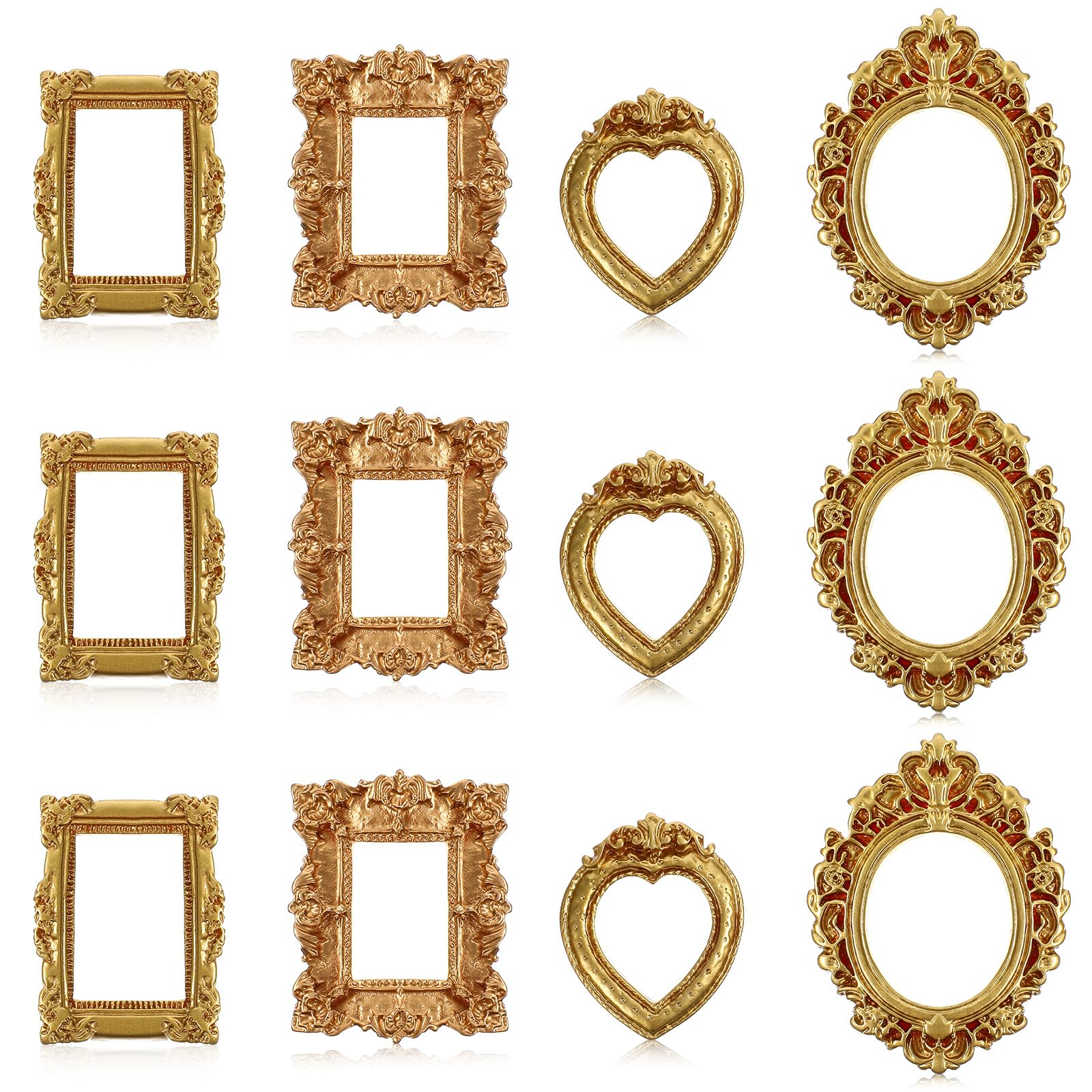 Sibba 12 Pcs Miniature Dollhouse Accessories Vintage Gold Resin European Style Frames & Mirrors Set, 1/12 Scale with Carved Details for Wall Hanging Desktop Display, Jewelry Showcase DIY Crafts Décor