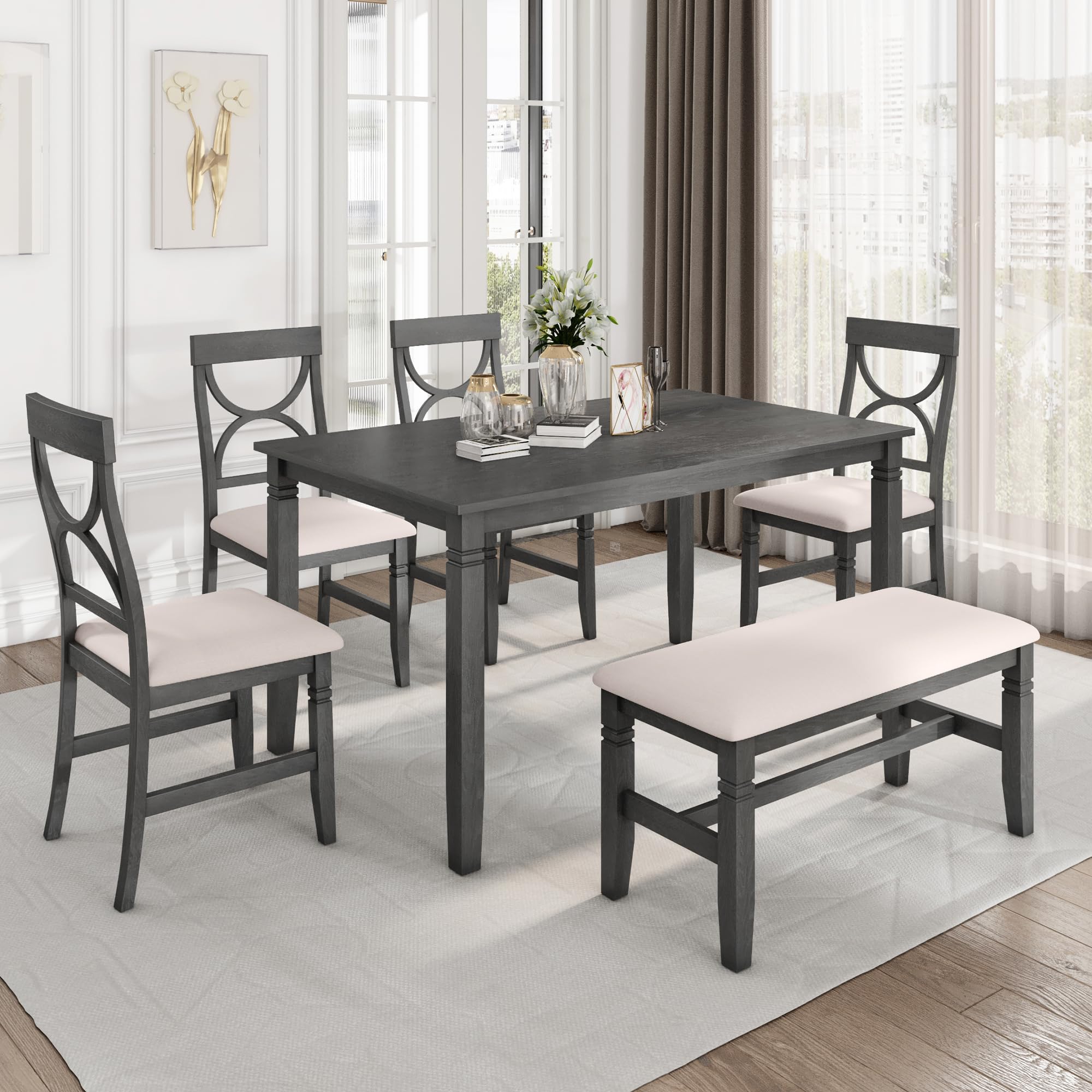 LUMISOL 6 Piece Kitchen Dining Set with Chairs and Bench Farmhouse Style Solid Wood Dining Table Set for 6 Persons Rustic Kitchen Dining Table Set for Living Room (BOX 1 of 2 ONLY)