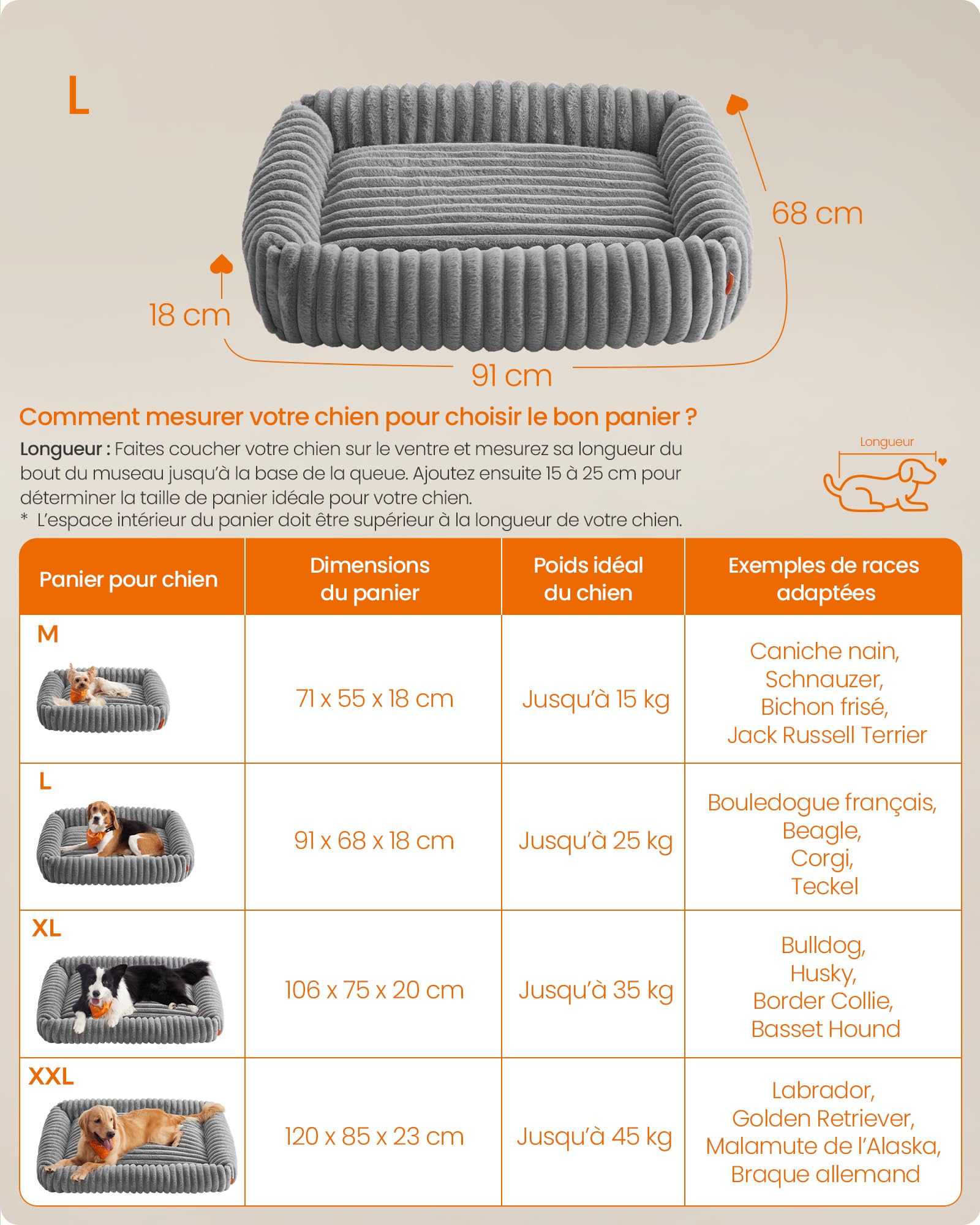 Feandrea Panier pour Chien, Panier Orthopédique de Taille Grande, Coussin Chien Lavable, Moelleux, Rembourrage Doux, 91 x 68 x 18 cm, Gris Tourterelle PGW312GD01
