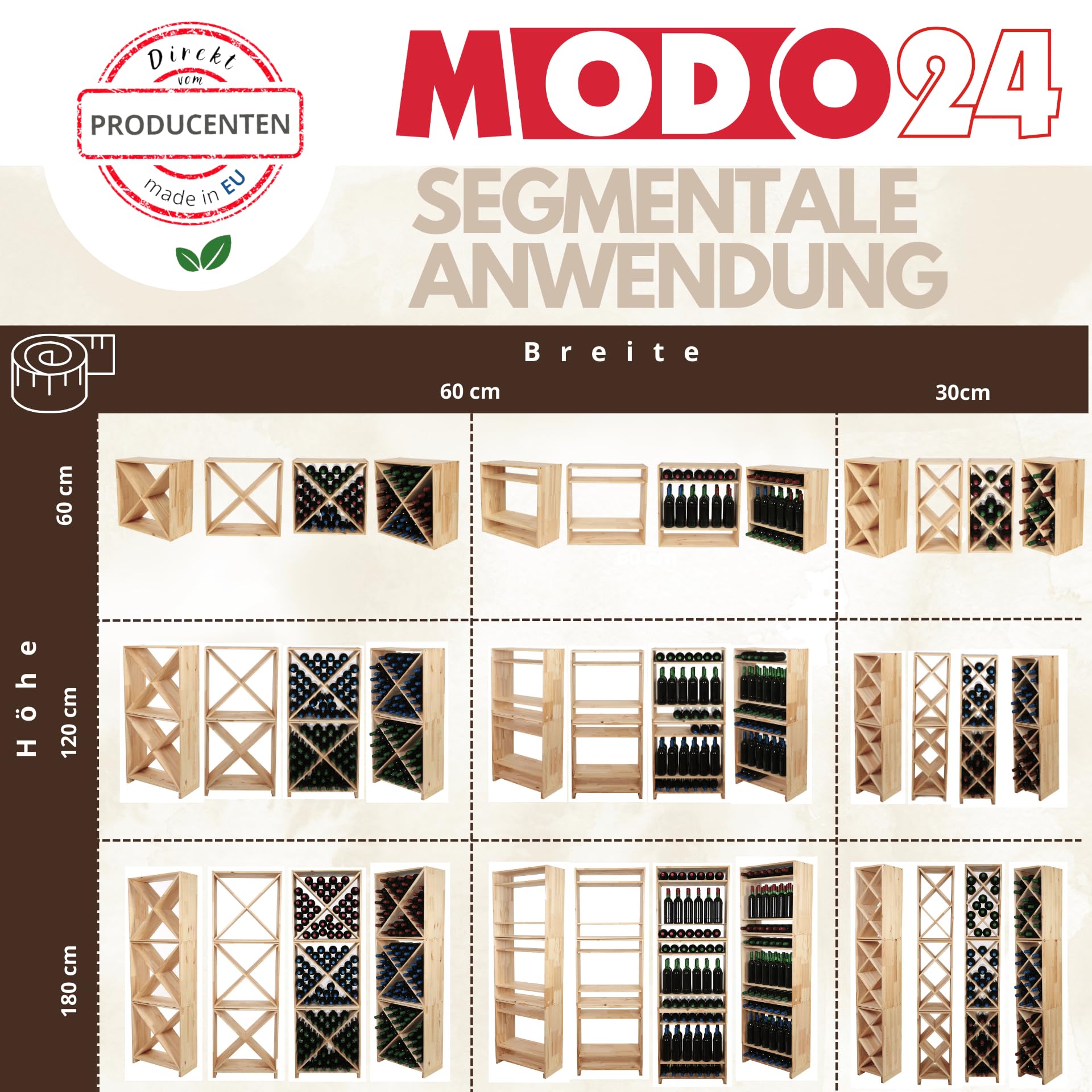 Flaschenregal mit Auszugsböden, Weinregal Massivholz für 30 Flaschen, Weinschrank, Modulares Weinständer, Getränkeregal, Weinflaschenhalter, Kellerregal, Flaschenständer, 60x60x30 cm, Braun