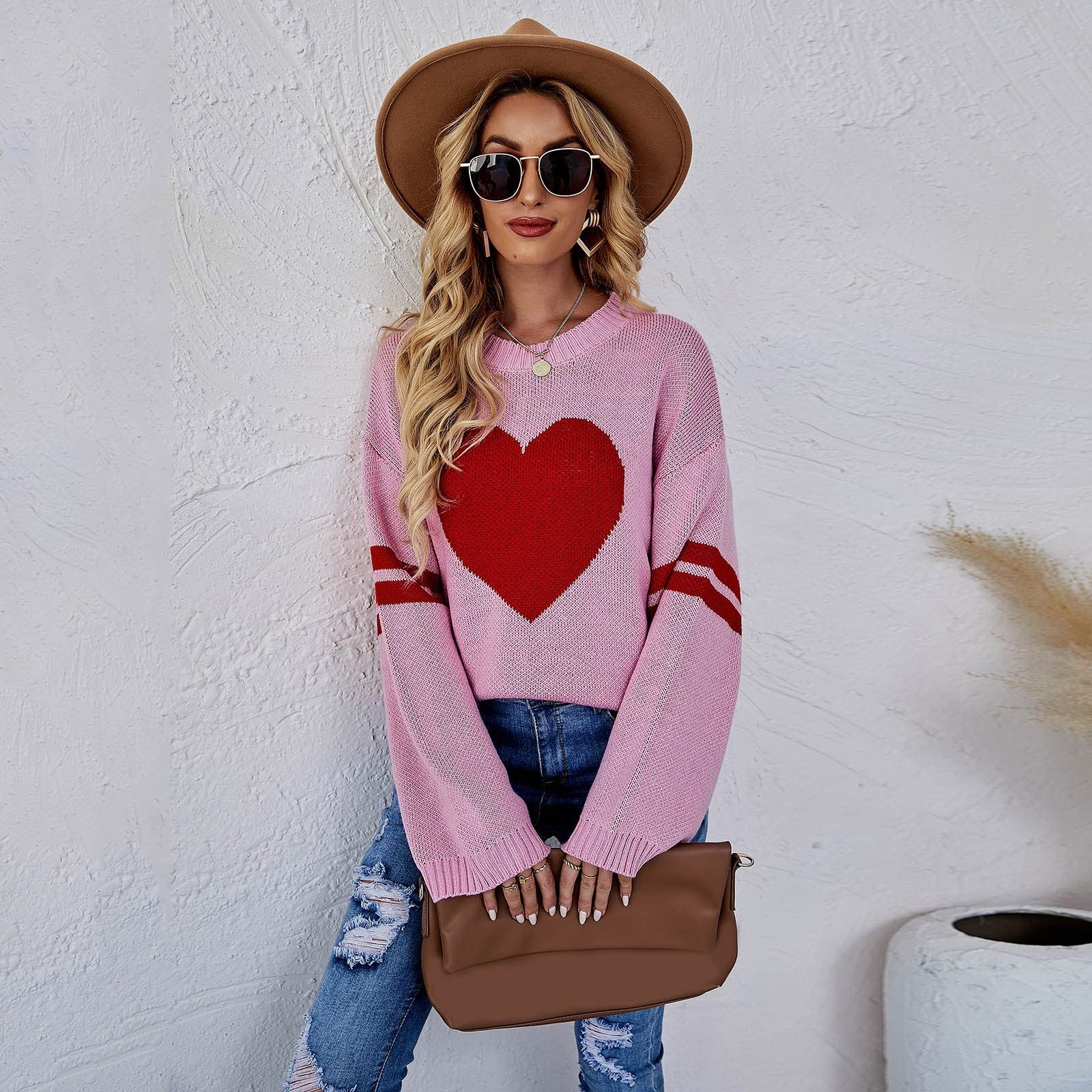 Maglione da donna con scollo rotondo, a maniche lunghe, lavorato a maglia