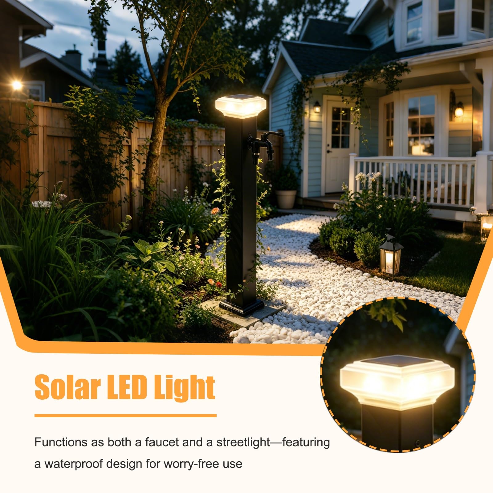 Grifo Exterior con Lámpara Solar, Grifo Exterior Independiente de Acero Inoxidable 304, para Jardín, Terraza, Césped, Lavado de Mascotas(Grey,60cm/23.6in)