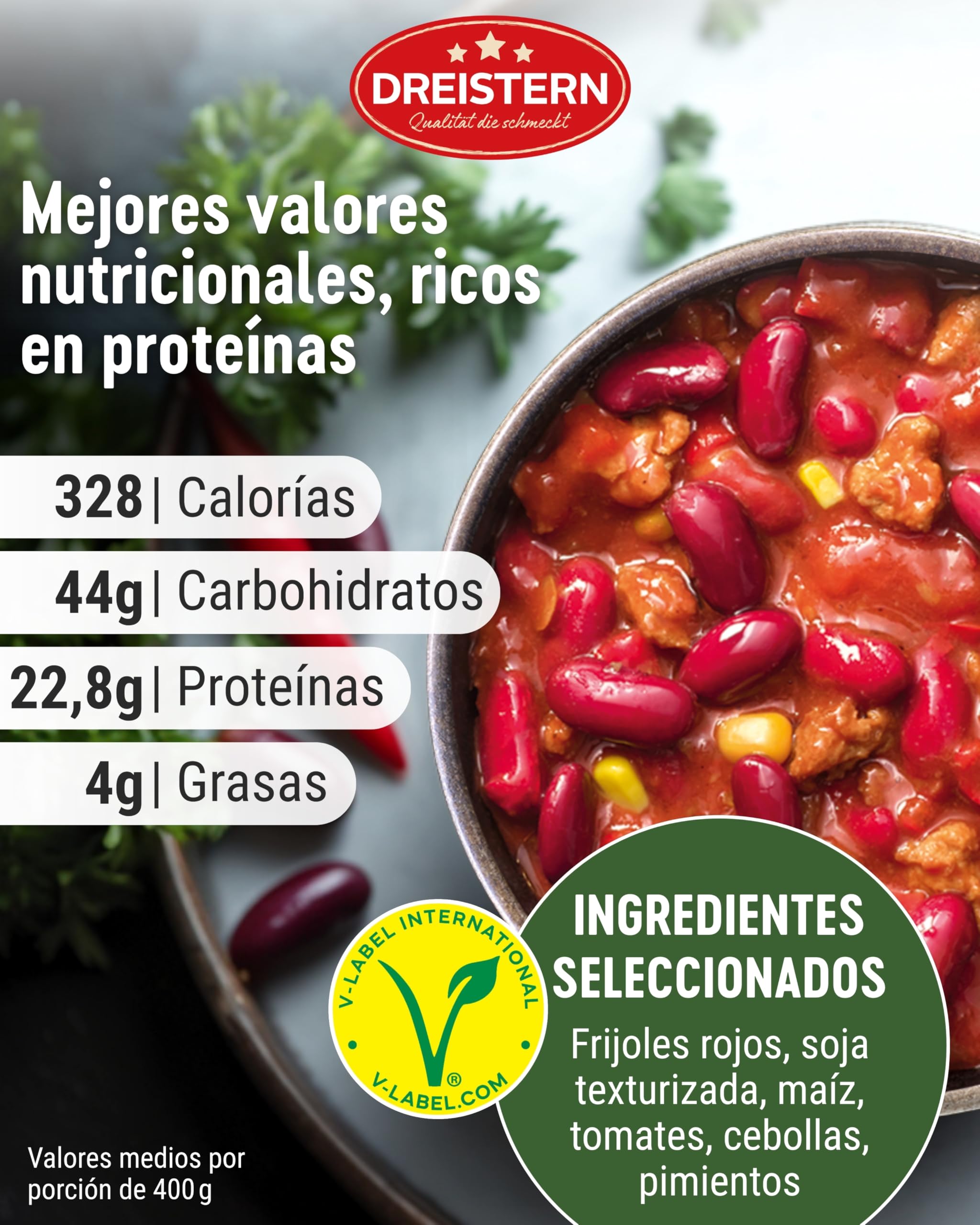 DREISTERN Chili sin Carne 400 g Guiso vegano con frijoles rojos y maíz Alto en proteínas