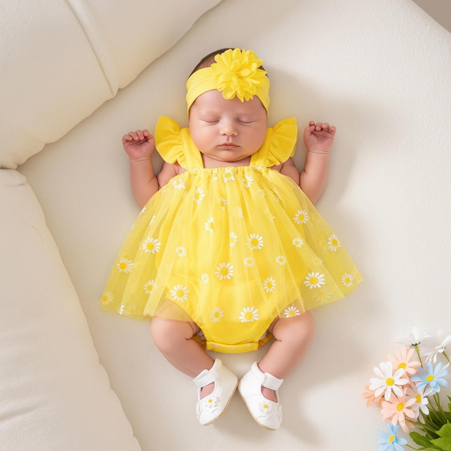 Preemie Baby Girl Clothes Newborn Girl Clothes 0-18 Months Baby Girl Romper Ruffle Sleeves Daisy Tutu Dress