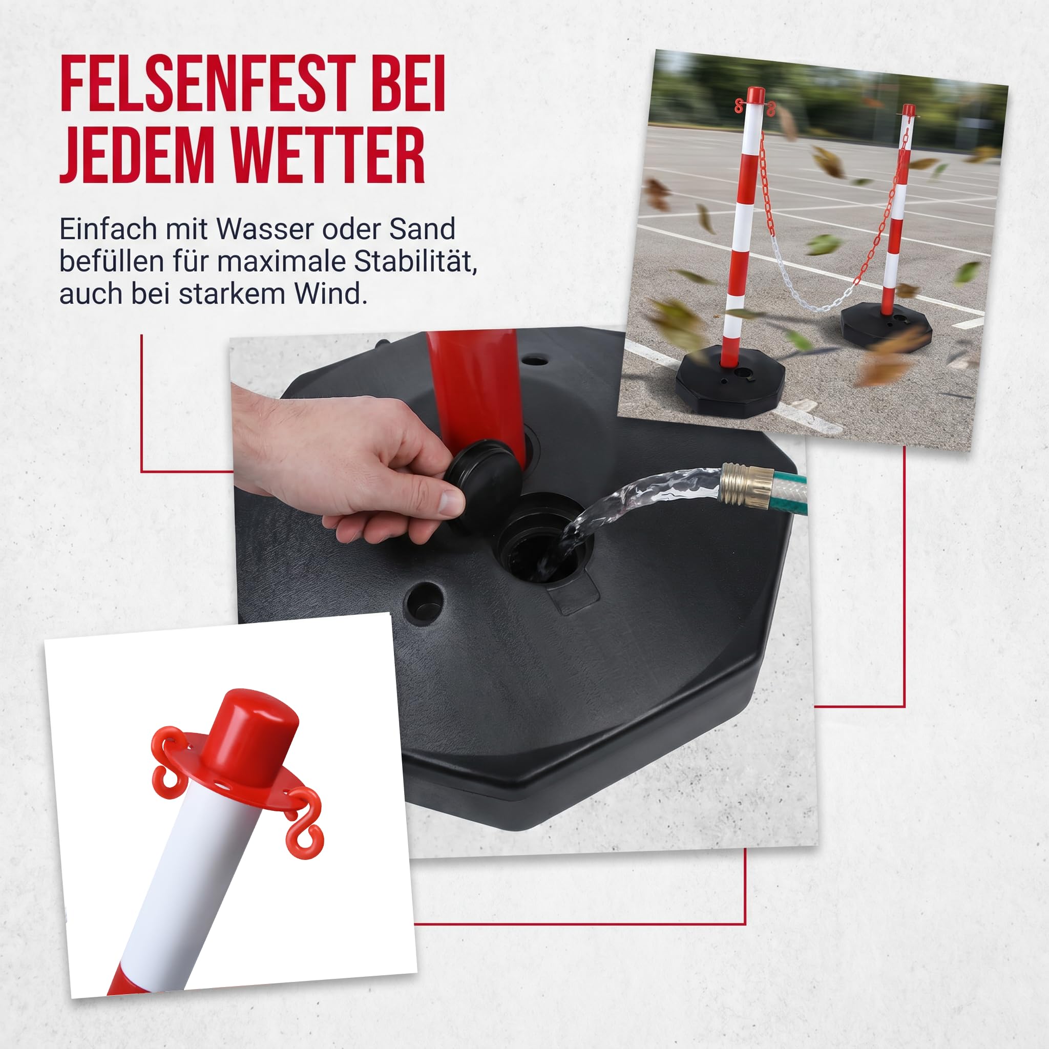 LARS360 Juego de 4 postes de barrera con cadena, 82 cm, con tiras reflectantes y base rellenable, sistema de cierre rojo y blanco para obras, eventos, almacén y seguridad