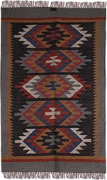 Handwoven Kilim Dhurrie Jute Runner - Geometric Boho Reversible Rug, Farmhouse Braided Area Rug for Rustic Home Decor, Multicolor 3X5