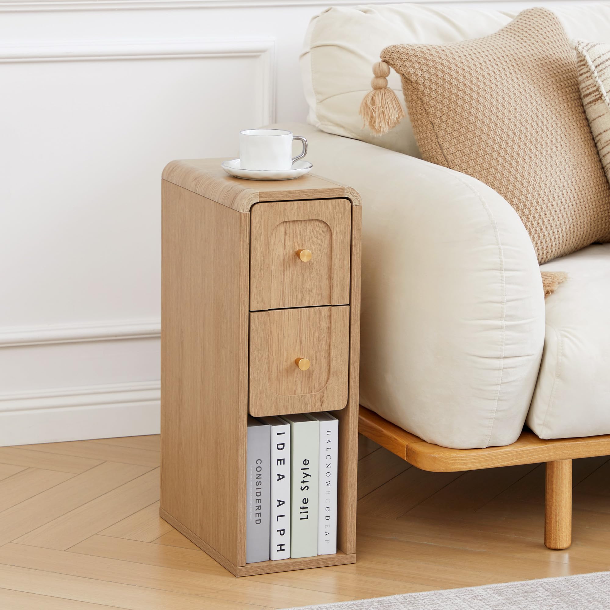 MAHYIZYI Narrow Nightstand with 2 Drawers, Small Bedside Tables, Mid-Century Modern Slim Night Stand with Storage, Wooden End Table for Small Spaces, Bedroom, Living Room (Natural-1PCS)