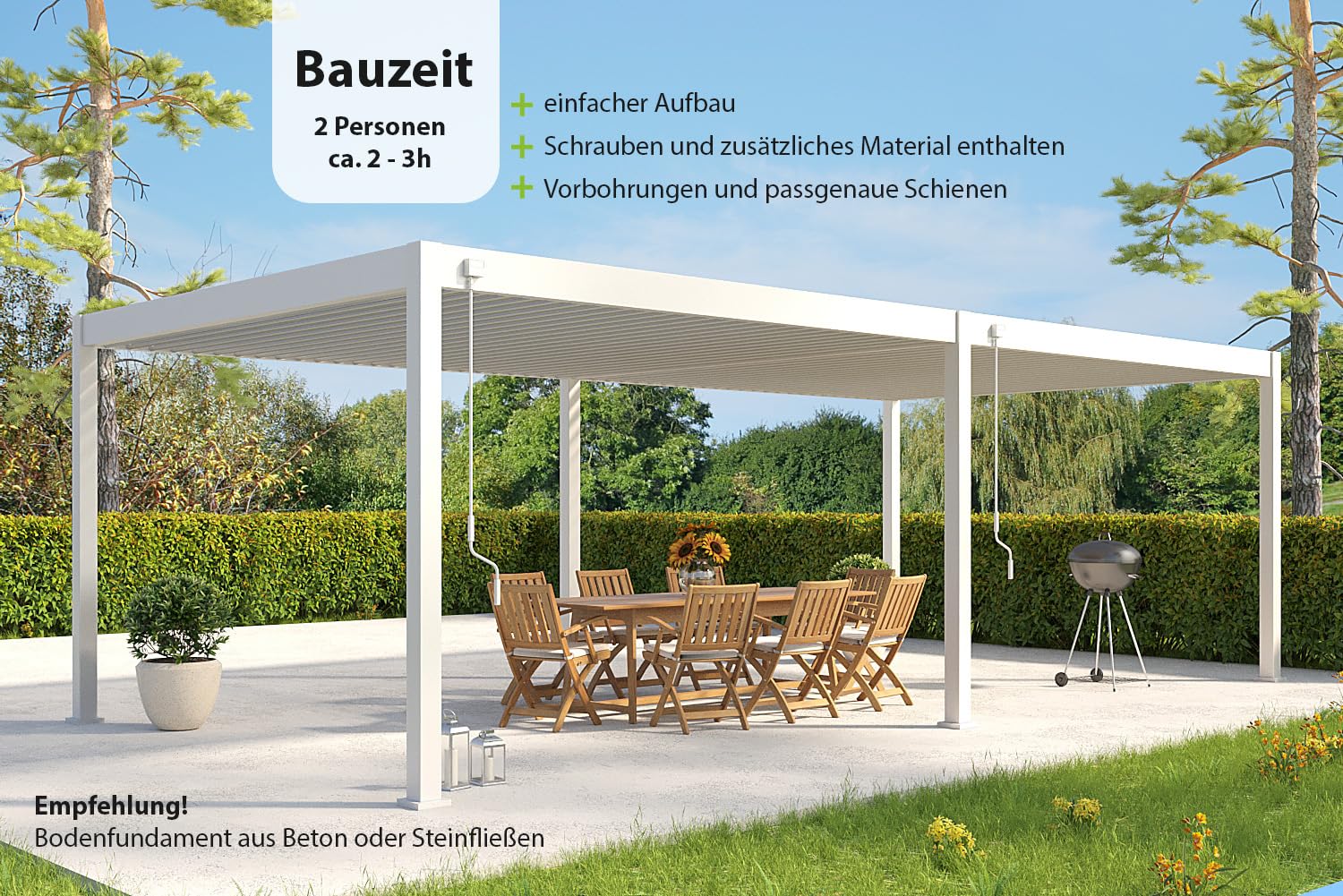 Weide Deluxe Plus Pergola in alluminio autoportante con tetto a doghe regolabile, resistente alle intemperie, per terrazza e giardino, con manovella e scarico dell'acqua integrato (bianco, 4 x 8)
