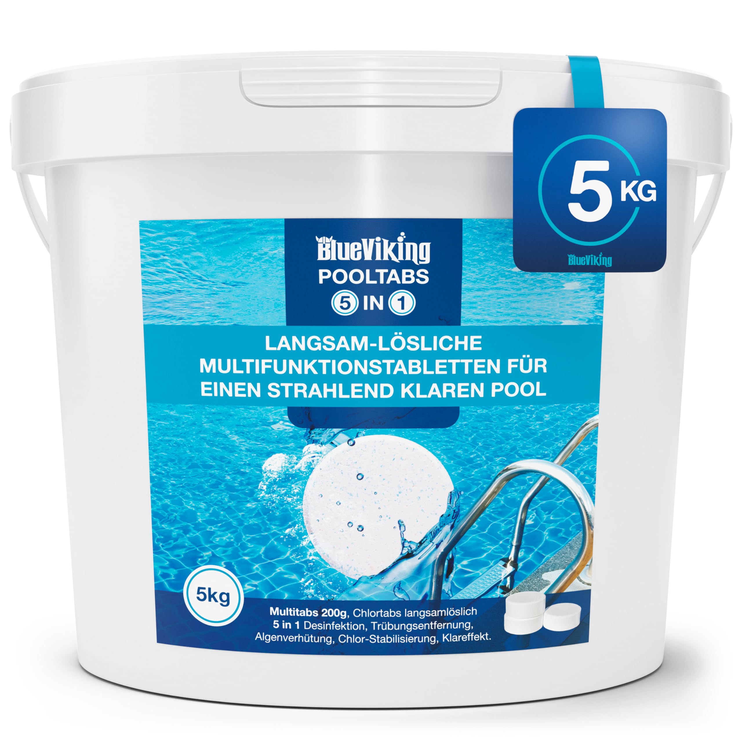 BlueViking Chlortabletten Fuer Pool | 5 in 1 Multitabs 200g, 5 kg | Langzeit-Chlorierung, Algizid & Filterschutz | Made in Europe