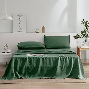 EVERLY Linen King Size Sheets Set,100% French Washed Pure Linen Bed Deep Pocket Sheets,4Pieces(1Flat Sheet,1Fitted Sheet,2Pillowcase) Suitable for Hot Sleepers,180GSM Dark Green Bedding Set