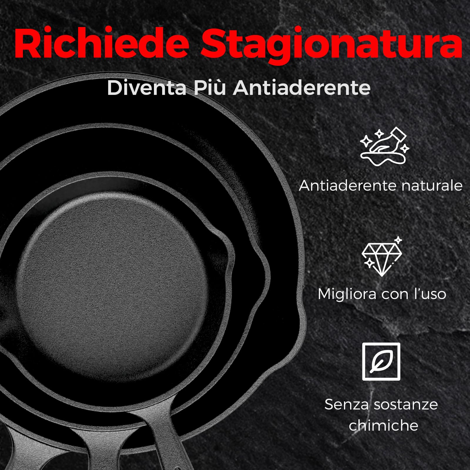 YASHE Set di 3 Padelle in Ghisa, Padelle Naturali da Condire, Robuste e Resistenti, Ideali per Varie Preparazioni, Misure 16/20/26 cm
