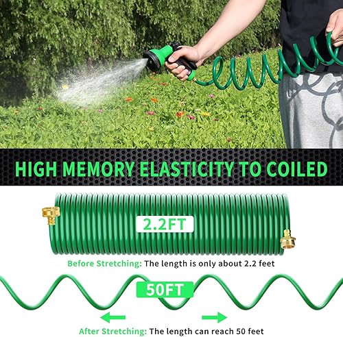 Miniatura 2 de Manguera de jardín EVA Recoil de 50 pies, manguera de jardín con bobina con 3 paquetes de 10 patrones de boquilla de manguera, manguera de agua